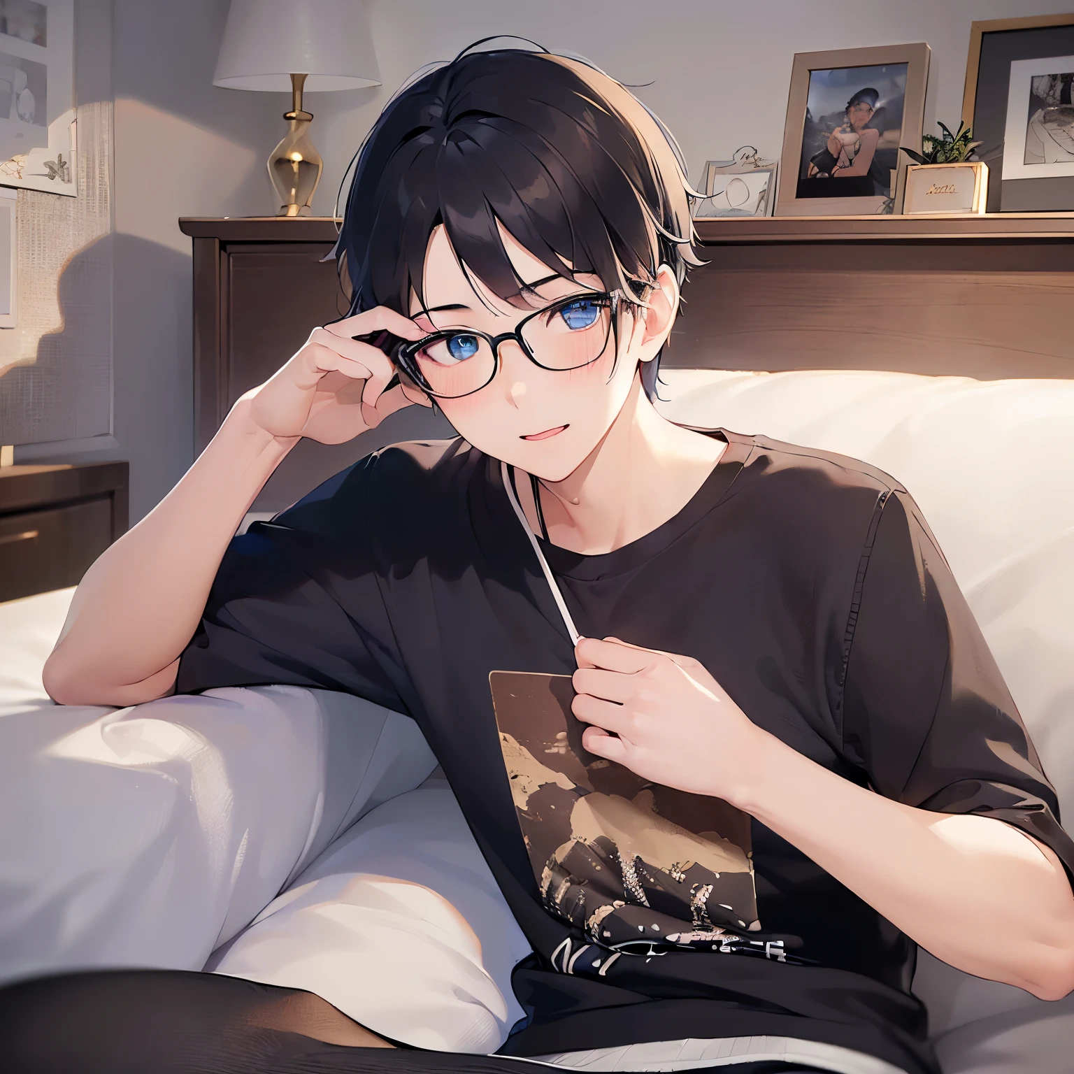 (plastic frame eyewear:1.1), (cinematic angle:1.5), masterpiece、high quality、(25 year old man with short black hair and blue eyes:1.5), hair over eyes, wearing a black T-shirt、(Alone:1.5)、smile, (blush:1.5), (close up of your face:1.3)、(Only the upper body is shown.:1.3)、Background is living room、bold composition、