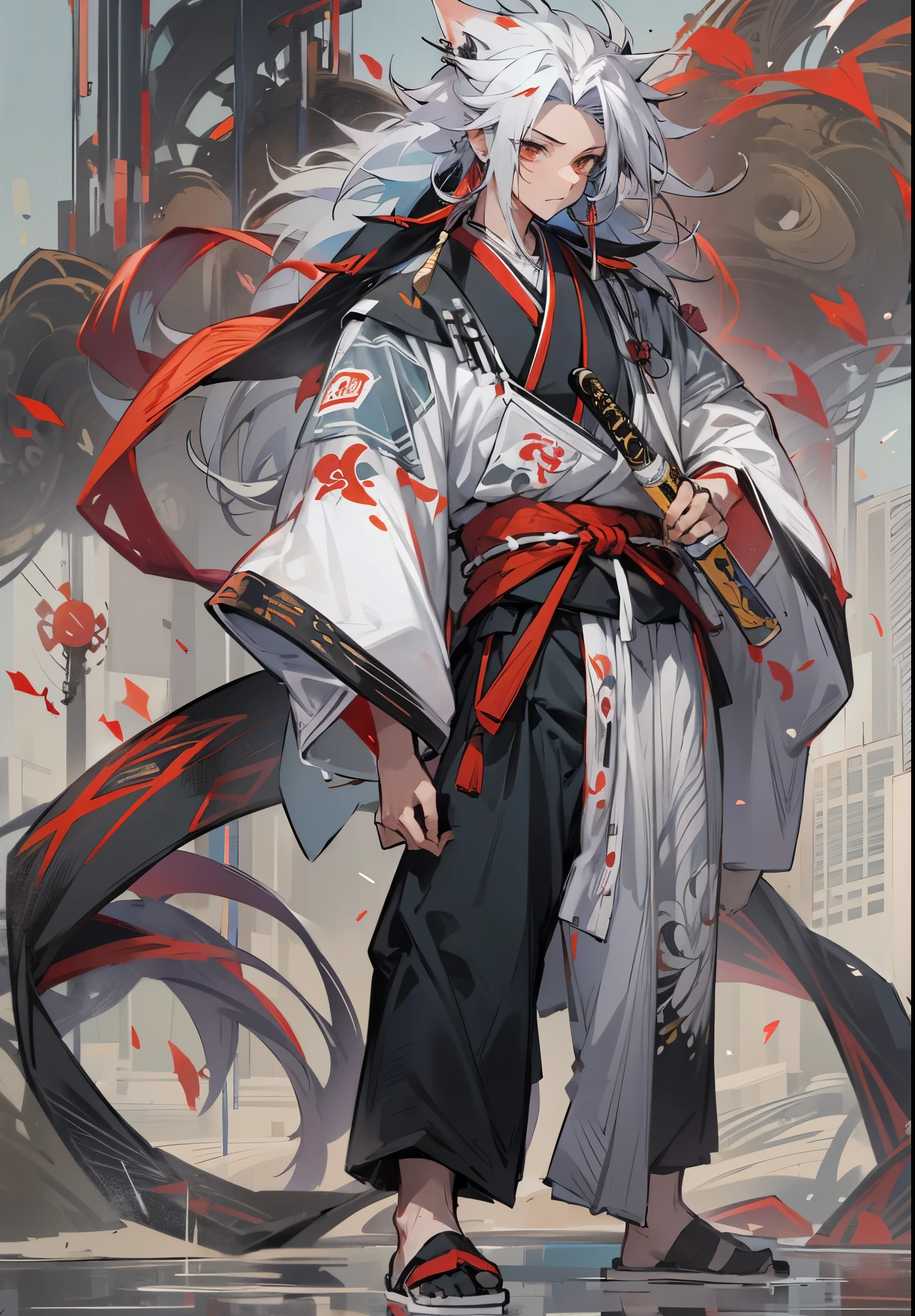 1male , Multicolored Hair , White and Black Hair , Messy Hair , Large Ear Rings , Red Martial Arts Clothing , Black Baggy Pants , Red Haori, Grey Sash, Flute