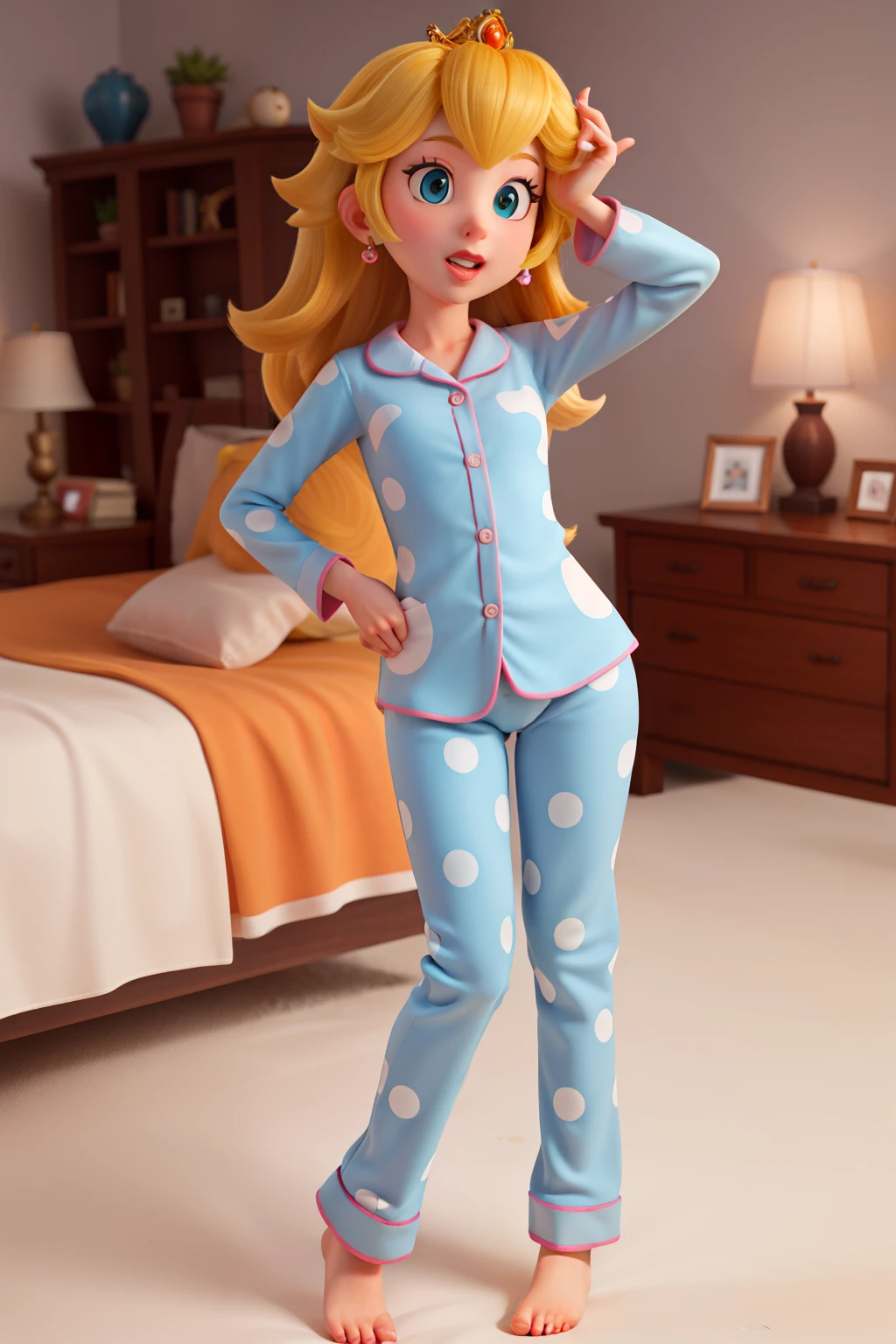 princess peach,tight pajamas, crotch view,bed