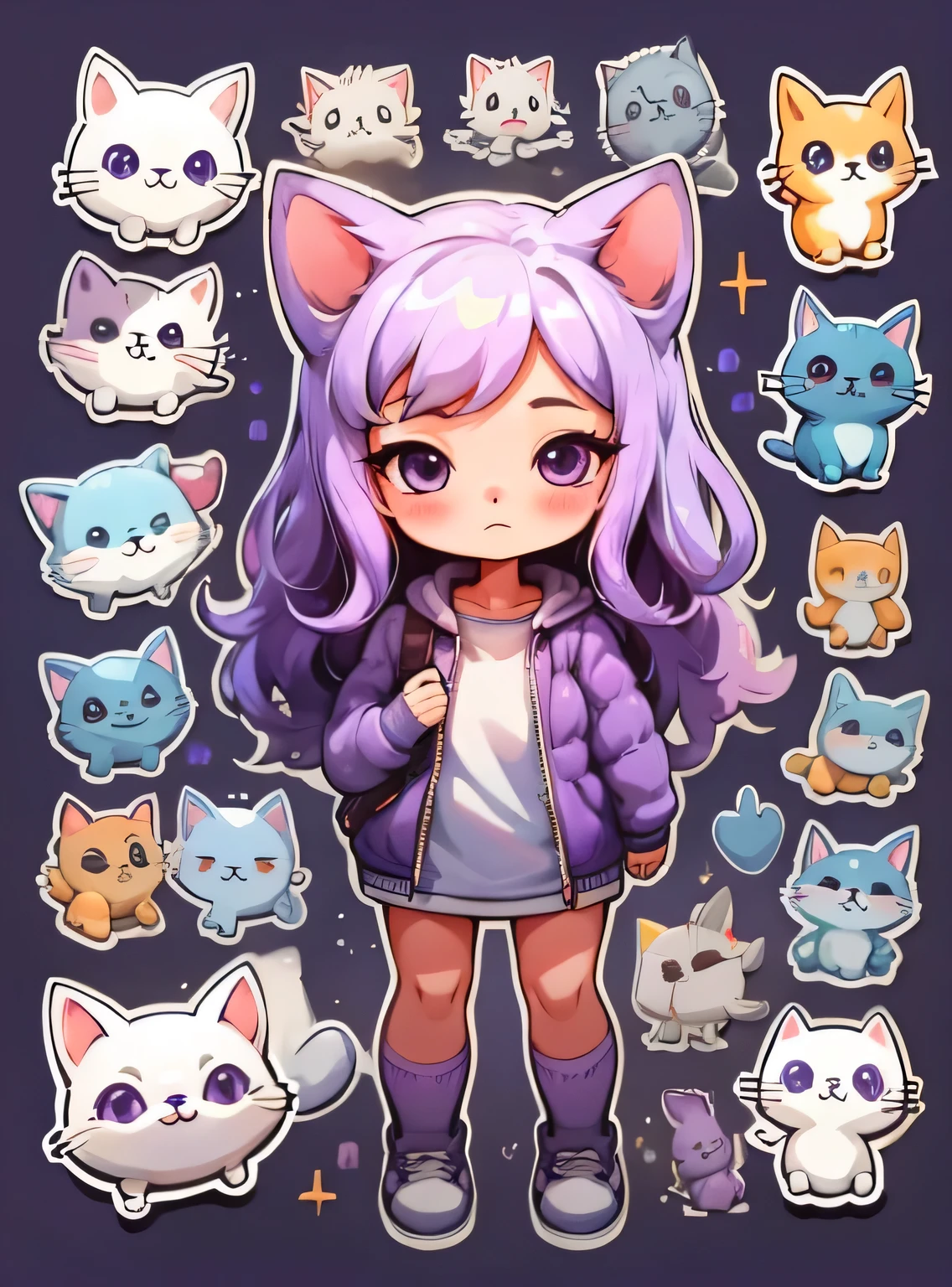 1 garota, fundo simples,3D,mini, corpo todo,cabelo roxo,pano roxo,com um gato