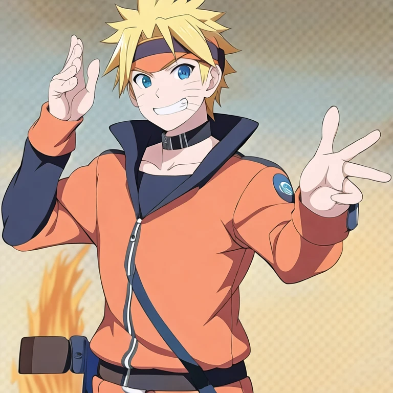 (masterpiece, best quality:1.2), 1 boy, solo, yellow hair, whisker marks on cheeks, headband, orange clothes