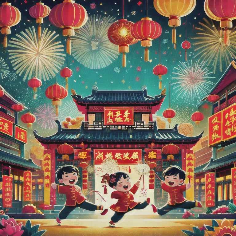 (masterpiece, best quality:1.2), Vitality, joy, vector style, illustration, Chinese New Year, children, dragon dance, fireworks, lanterns, couplets, firecrackers, red envelopes, Chinese rural architecture, festive, colorful, traditional Chinese clothing, Spring Festival decoration, traditional cultural elements, town square