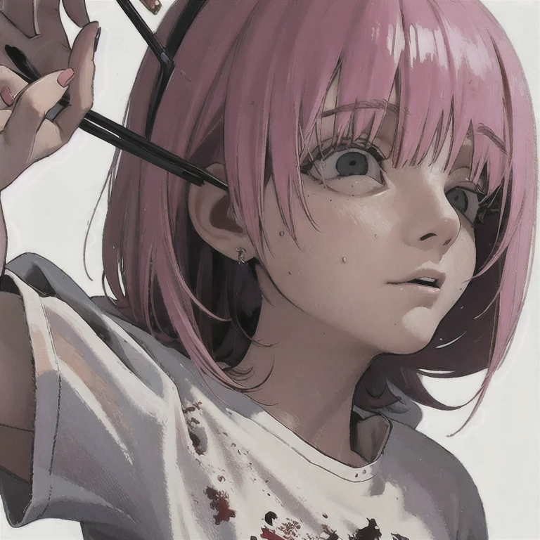 (masterpiece),(highest quality:1.1),(super detailed),best illustrations,small details,(portrait:1.1),(intense close-ups),watercolor painting)floating,1 girl,alone,13 years old,slim,(very delicate and beautiful face),(detailed beautiful eyes),thick pink lips,(messy hair),(Wear a loose-fitting pink T-shirt),Soft and lazy,(simple background:1.2)Whole color background,clear,4K