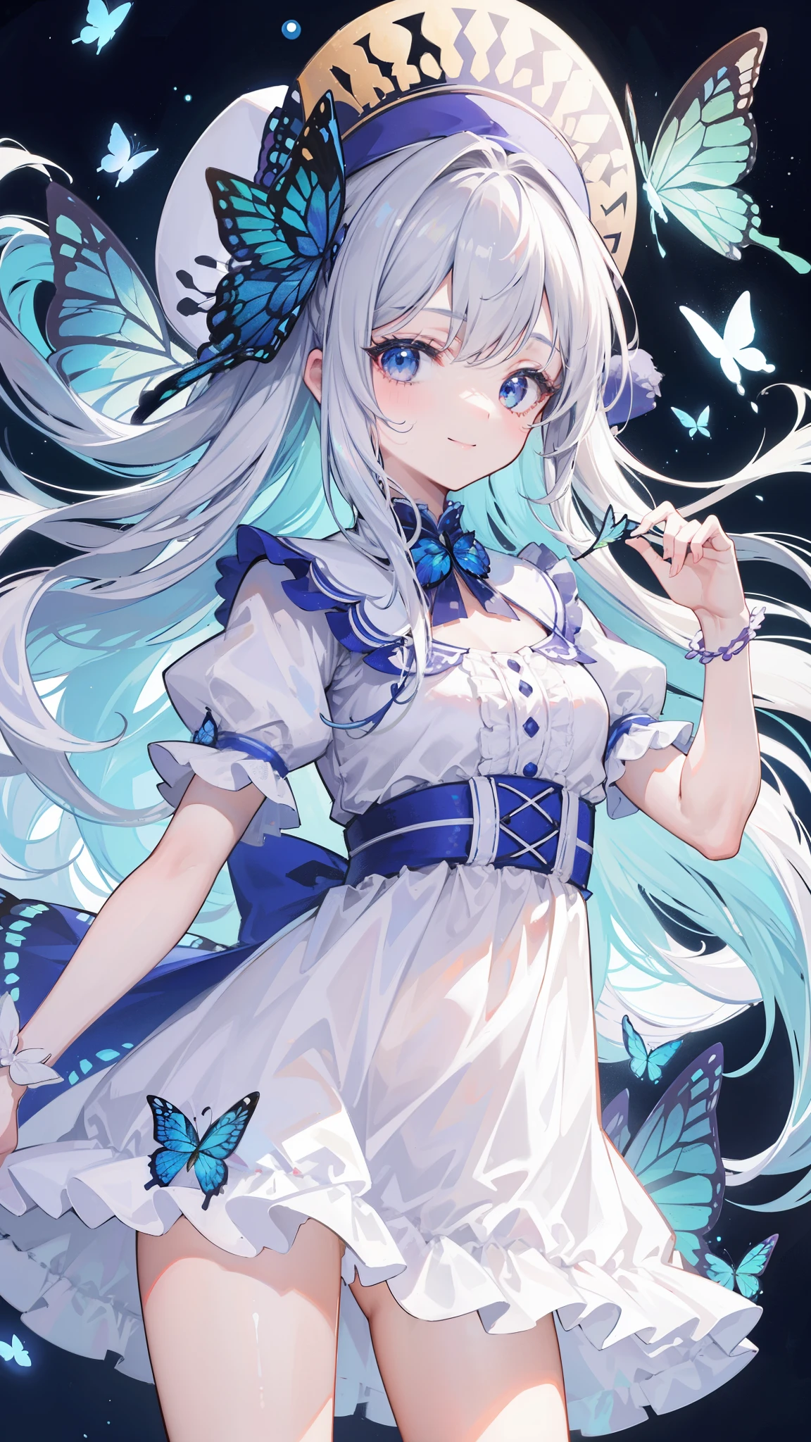32k, best quality, ultra-detailed, high resolution, perfect anatomy, head on, cute girl, cute dress, cute hat, cute smile, butterfly background,