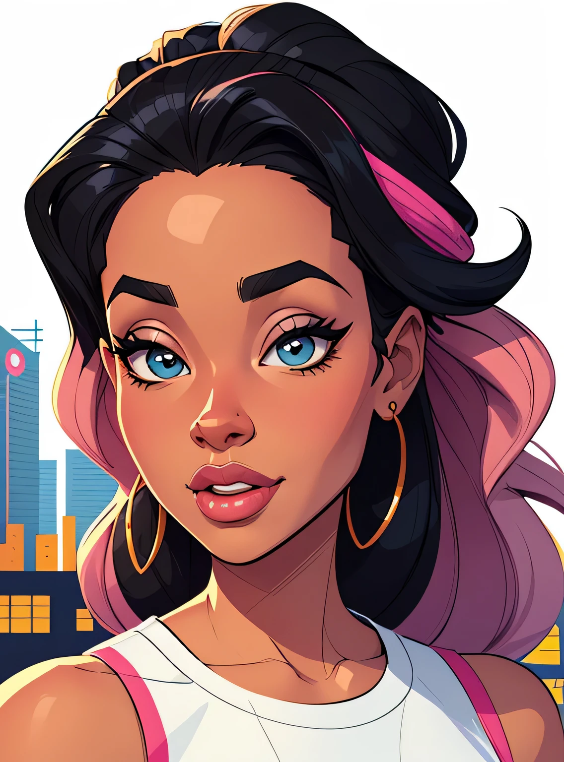 (estilo de desenho animado:1.2), Imagem dos desenhos animados de uma mulher com cabelo africano grande, garota negra super fofa e descolada, cartoon style illustration, estilo de arte dos desenhos animados, estilo de arte dos desenhos animados, digital illustration style, design de personagens altamente detalhado, arte digital detalhada fofa, City Girl Fan Art, design de personagem retrato, beautiful digital illustration, retrato de alta qualidade, arte em quadrinhos, Africa, Design de personagens Retrato INFO fundo branco