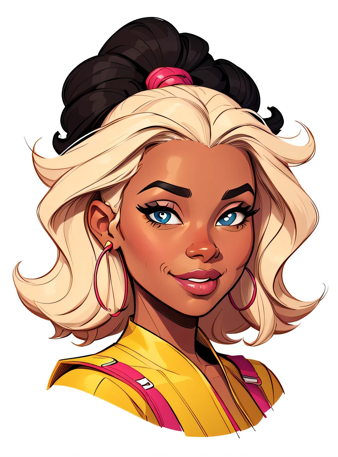 (estilo de desenho animado:1.2), Imagem dos desenhos animados de uma mulher com cabelo africano grande, garota negra super fofa e descolada, cartoon style illustration, estilo de arte dos desenhos animados, estilo de arte dos desenhos animados, digital illustration style, design de personagens altamente detalhado, arte digital detalhada fofa, City Girl Fan Art, design de personagem retrato, beautiful digital illustration, retrato de alta qualidade, arte em quadrinhos, Africa, Design de personagens Retrato INFO fundo branco