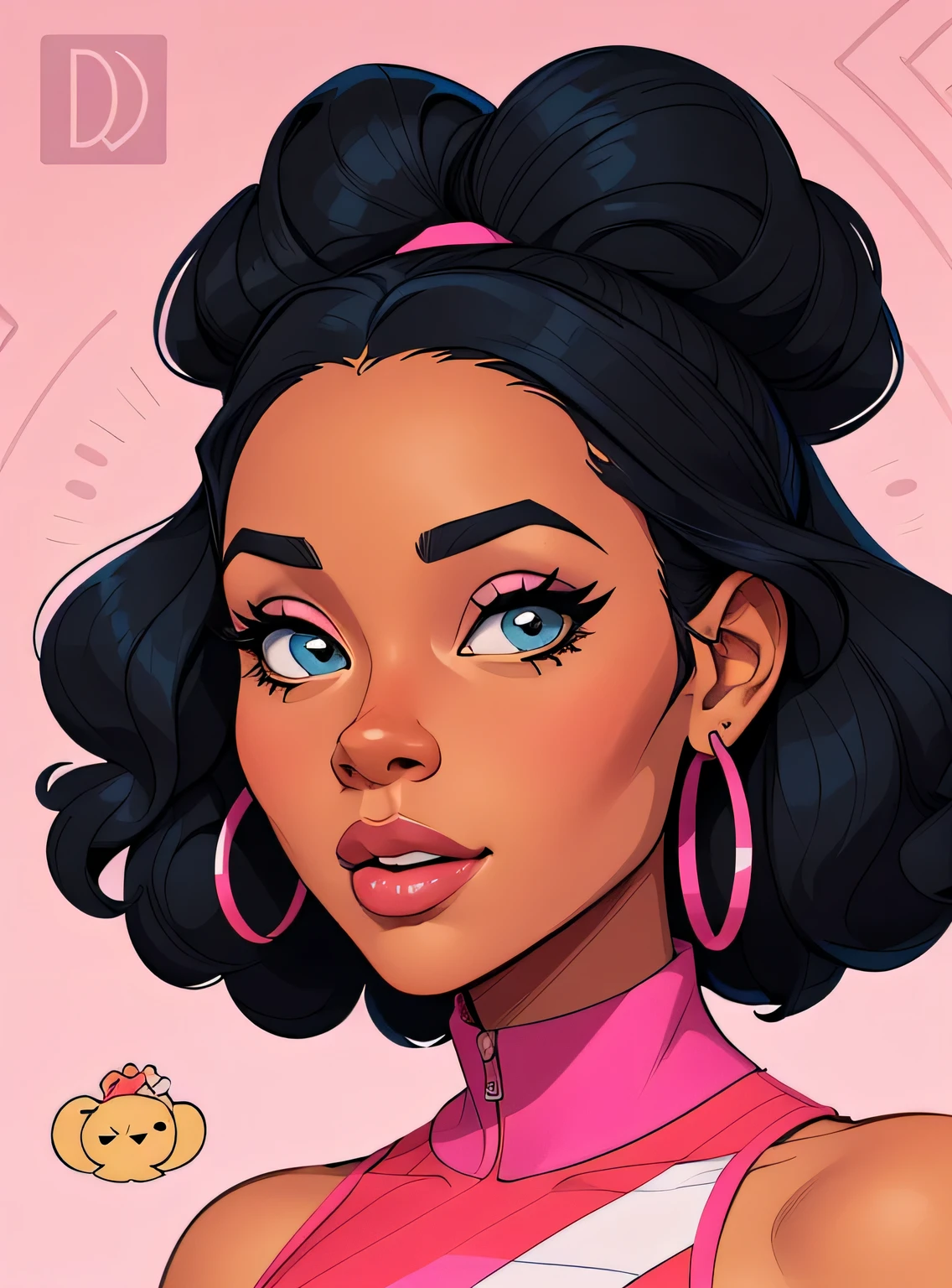 ́ ́ ́beautiful woman, com olhos azuis, mulatto skin and with hands on face, roupas pretas e fundo rosa''