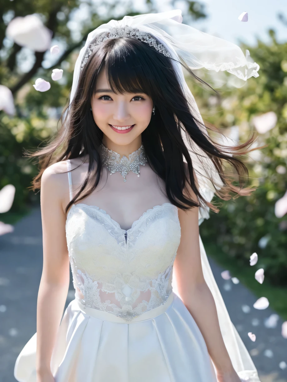 cowboy shot、(((happy face)))、The wind is blowing、In front of the church、sunny、sunny、clear sky、confetti、Messy bowl cut hair with bangs、black hair、(((bride)))、((white wedding dress))、((wedding style))、(((Happy wedding)))、Highest image quality、(RAW photo:1.2)、(realism:1.4)、(High resolution:1.4)、1 girl、The depth of the boundary is written、intricately detailed、8K、very detailed、perfect lighting、 epic background、((delicate pictures)),(の詳細なRAW photo),(highest quality:1.6)、(超High resolution:1.5)、(real:1.75)、8K resolution、Canon EOS R5、50mm、Super detailed、cinematic lighting、(((skirt lift)))、((Not wearing underwear))、lace gloves