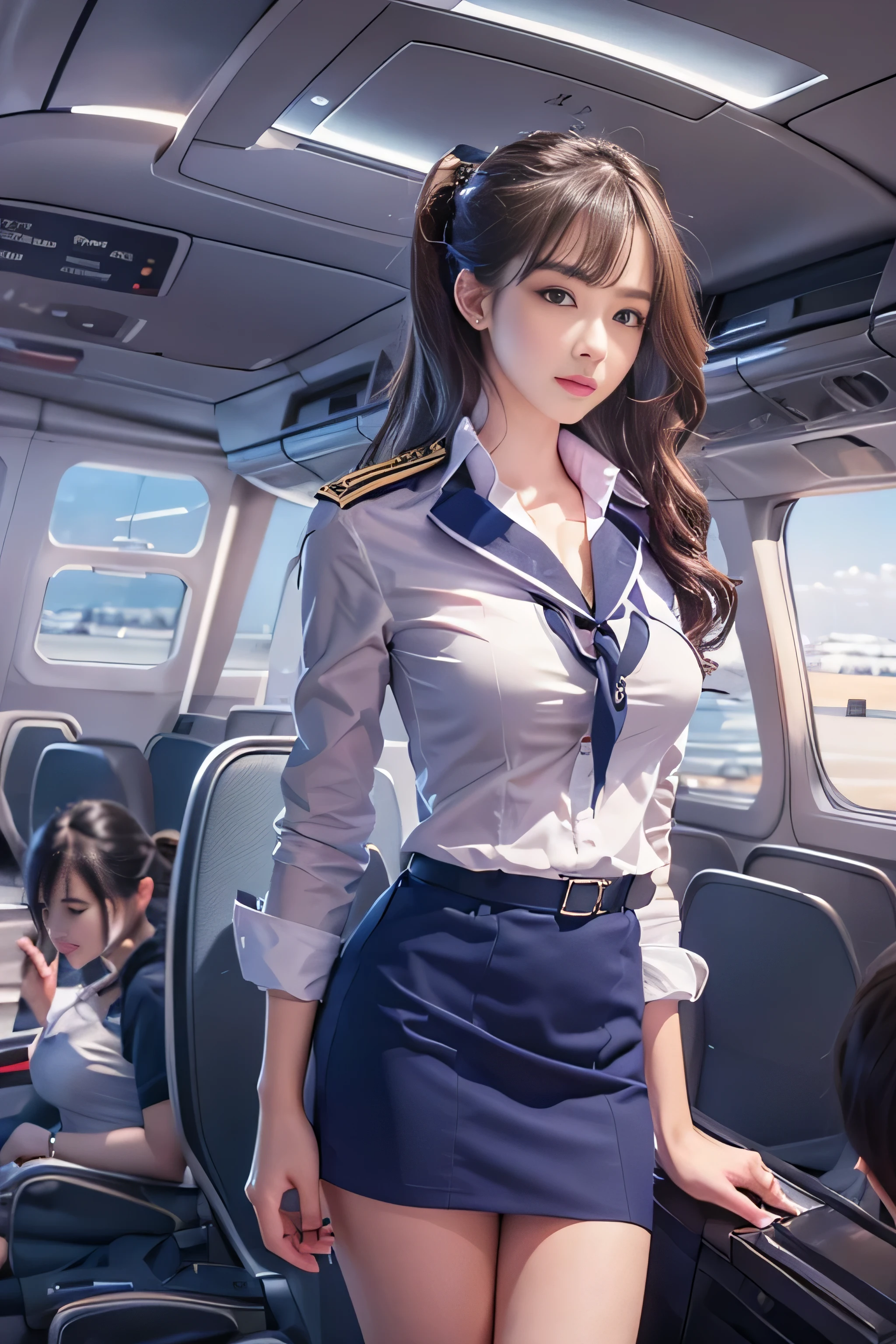 (On one screen:1.2)、1 female、(super beautiful)、(beautiful face:2)、(detailed face:1.5)、(fine eyes:1.1)、(detailed lips:1.1)、(detailed nose:1.1)、flight attendant、(cabin attendant uniform:1.4)、(Tailored jacket:1.1)、high heels、dark makeup、sit in the passenger seat of an airplane、Spread her legs、show me your white panties、(navy blue mini skirt:1.2)、highest quality、High resolution、Super detailed、masterpiece、(Live shooting:1.5)、genuine:1.5、photogenuineistic:1.5、very delicate and beautiful、small details、(At SFW)