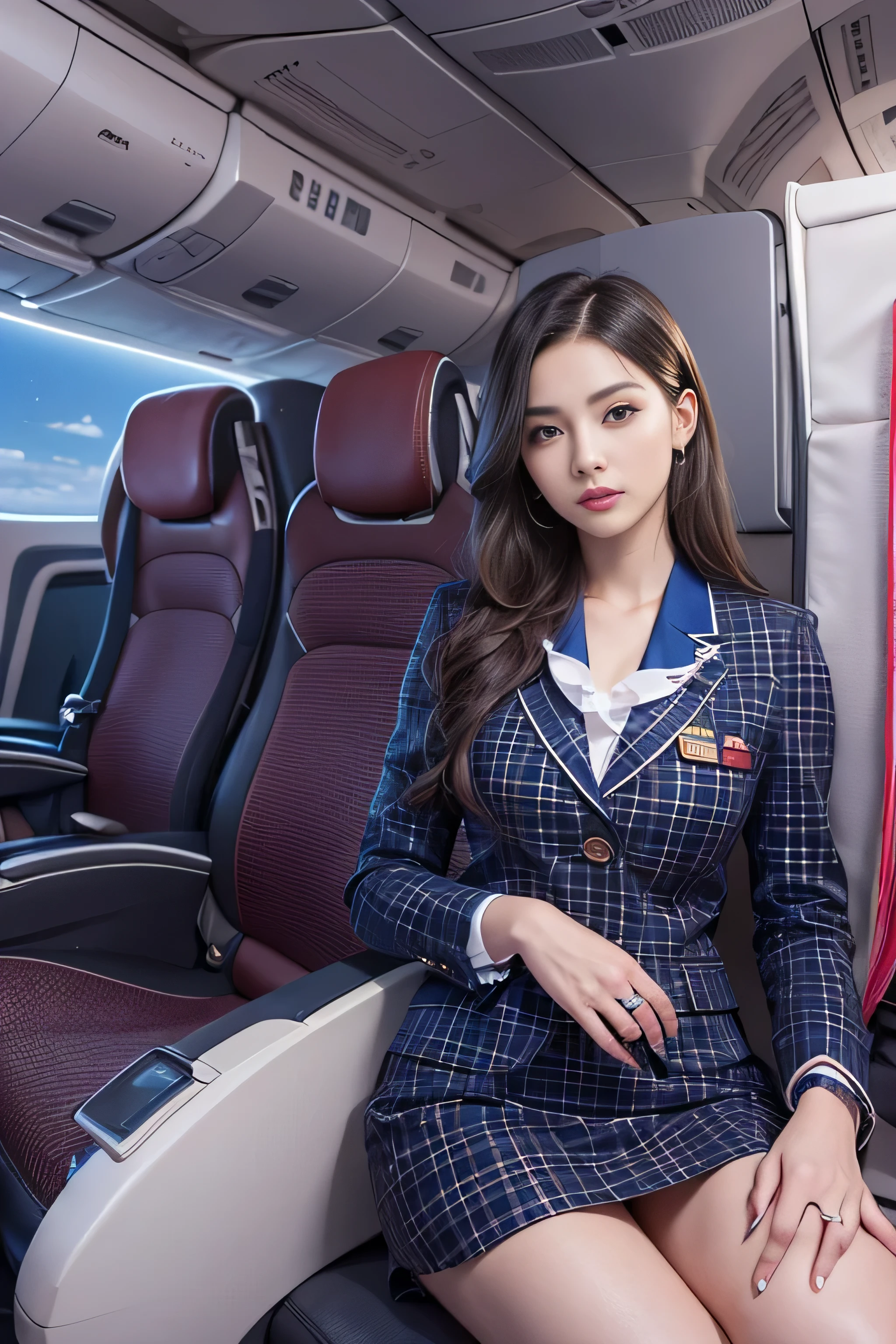(On one screen:1.2)、1 female、(super beautiful)、(beautiful face:2)、(detailed face:1.5)、(fine eyes:1.1)、(detailed lips:1.1)、(detailed nose:1.1)、flight attendant、(cabin attendant uniform:1.4)、(Tailored jacket:1.2)、(navy blue mini skirt:1.2)、dark makeup、sit in the passenger seat of an airplane、Spread her legs、show me your white panties、highest quality、High resolution、Super detailed、masterpiece、(Live shooting:1.5)、genuine:1.5、photogenuineistic:1.5、very delicate and beautiful、small details、(At SFW)