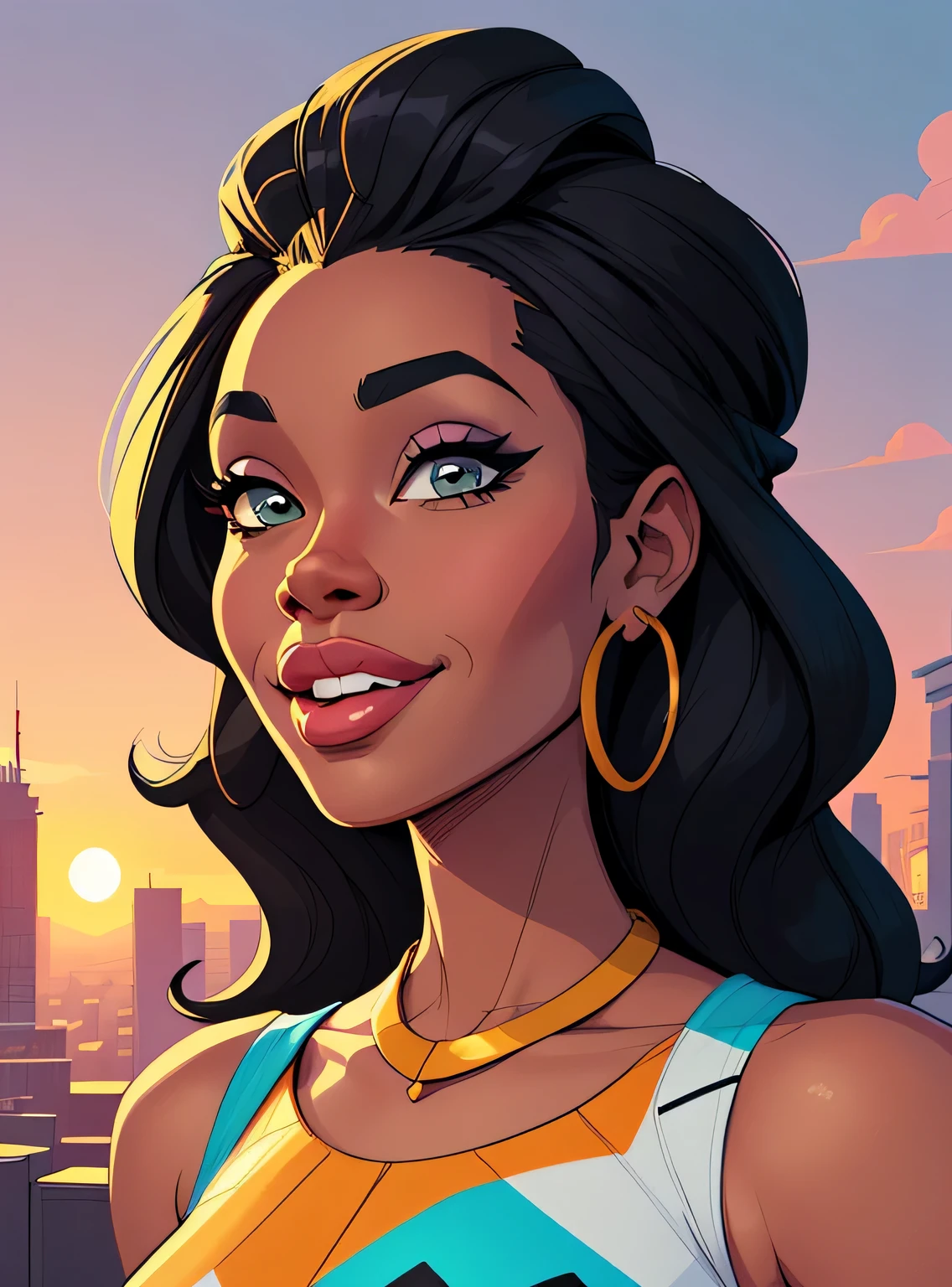 (estilo de desenho animado:1.2), Imagem dos desenhos animados de uma mulher com cabelo africano grande, garota negra super fofa e descolada, cartoon style illustration, estilo de arte dos desenhos animados, estilo de arte dos desenhos animados, digital illustration style, design de personagens altamente detalhado, arte digital detalhada fofa, City Girl Fan Art, design de personagem retrato, beautiful digital illustration, retrato de alta qualidade, arte em quadrinhos, Africa, retrato do design do personagem, fundo do nascer do sol