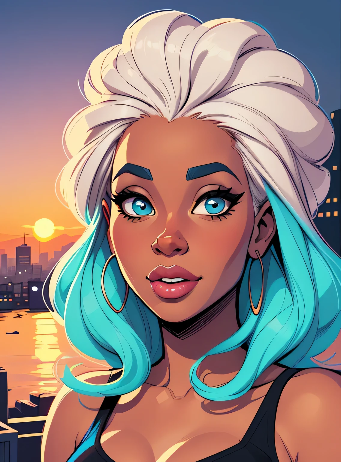 (estilo de desenho animado:1.2), Imagem dos desenhos animados de uma mulher com cabelo africano grande, garota negra super fofa e descolada, cartoon style illustration, estilo de arte dos desenhos animados, estilo de arte dos desenhos animados, digital illustration style, design de personagens altamente detalhado, arte digital detalhada fofa, City Girl Fan Art, design de personagem retrato, beautiful digital illustration, retrato de alta qualidade, arte em quadrinhos, Africa, retrato do design do personagem, fundo do nascer do sol