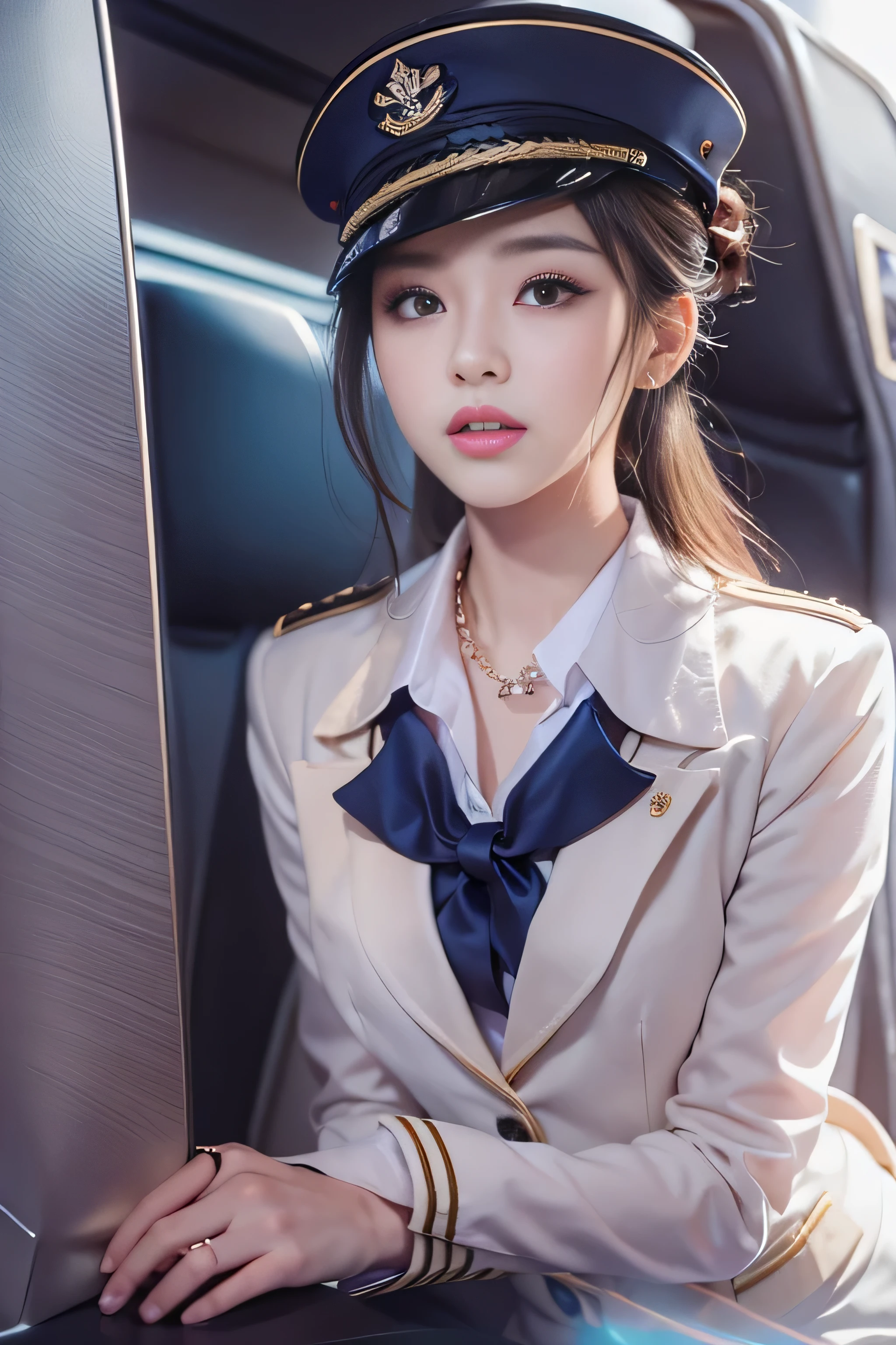 (On one screen:1.5)、1 female、(alone)、(super beautiful)、(beautiful face:2)、(detailed face:1.5)、(fine eyes:1.1)、(detailed lips:1.1)、(detailed nose:1.1)、flight attendant、(cabin attendant uniform:1.4)、(Tailored jacket:1.2)、(navy blue mini skirt:1.2)、dark makeup、sit in the passenger seat of an airplane、Spread her legs、show me your white panties、highest quality、High resolution、Super detailed、masterpiece、(Live shooting:1.5)、genuine:1.5、photogenuineistic:1.5、very delicate and beautiful、small details、(At SFW)