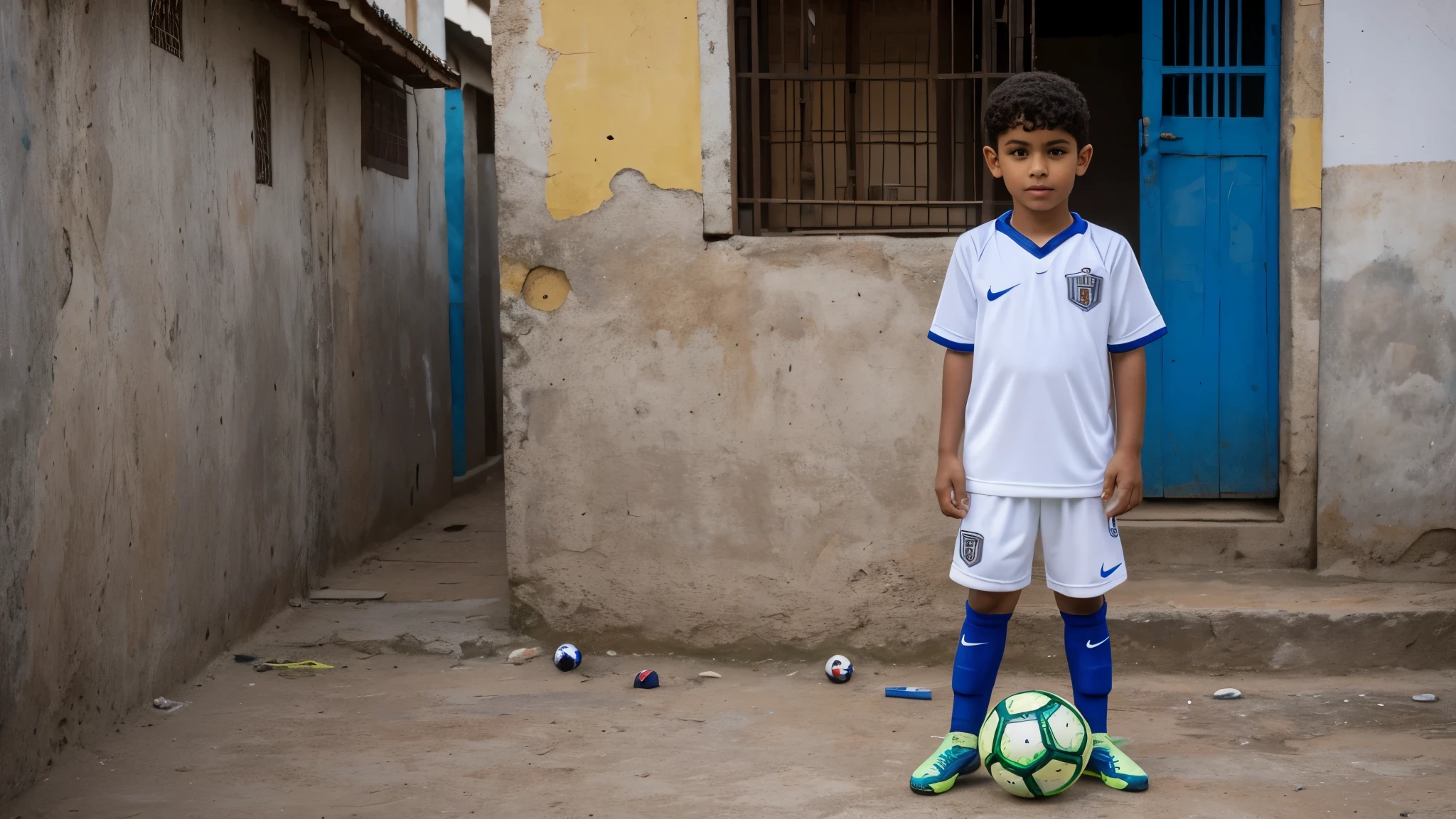 coloque uma roupa velha nesse garoto, e uma bola de futebol velha