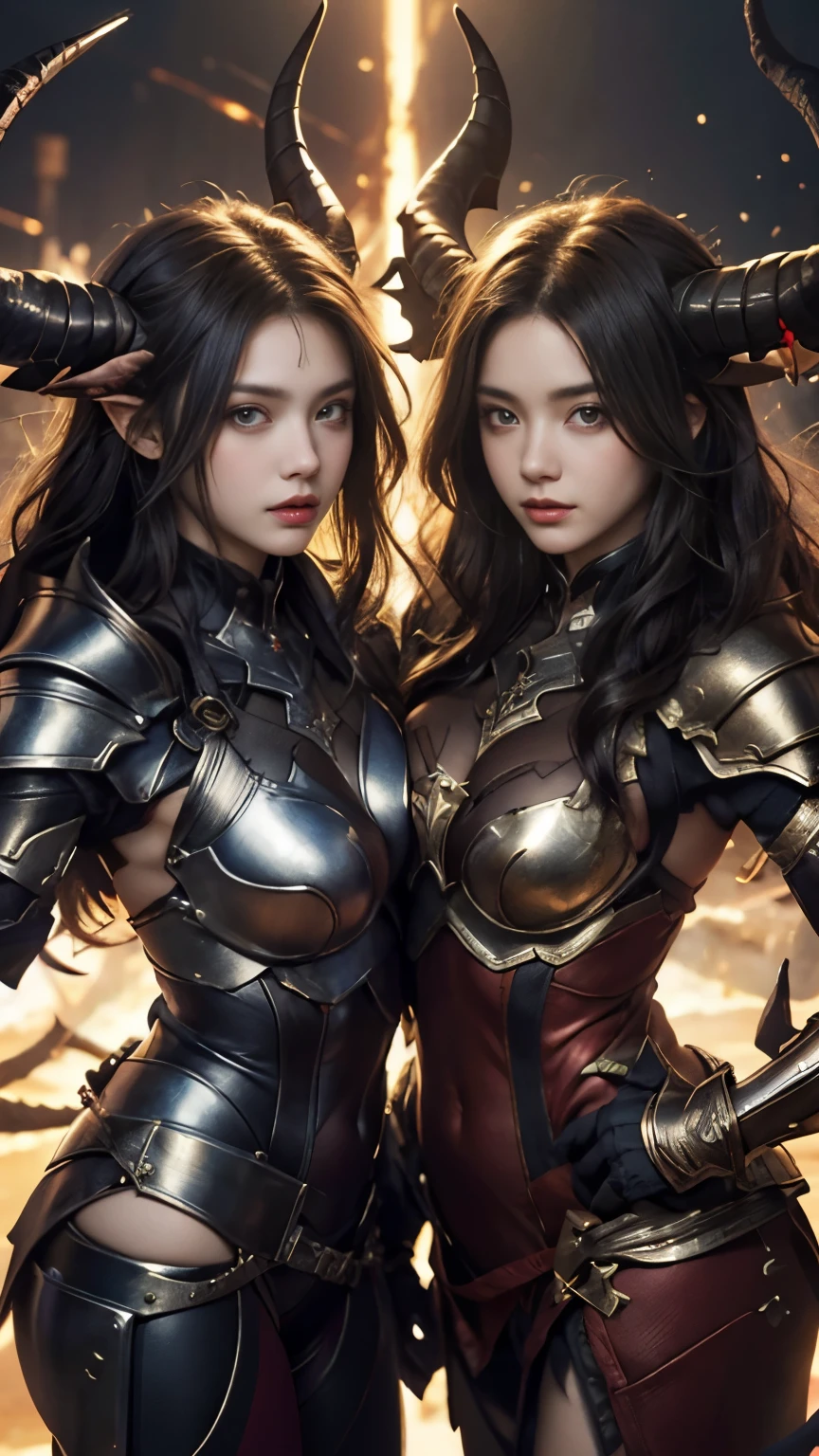 A stunning female warrior with flowing Blonde hair, clad in metal armor that accentuates her curves. Her face radiates beauty and courage, with piercing Orange eyes. She wields a samurai with confidence, ready for battle. The background depicts an epic battlefield. Dramatic lighting highlights the details of her armor and facial expression. Realistic style with high detail, The mouth is hidden.
