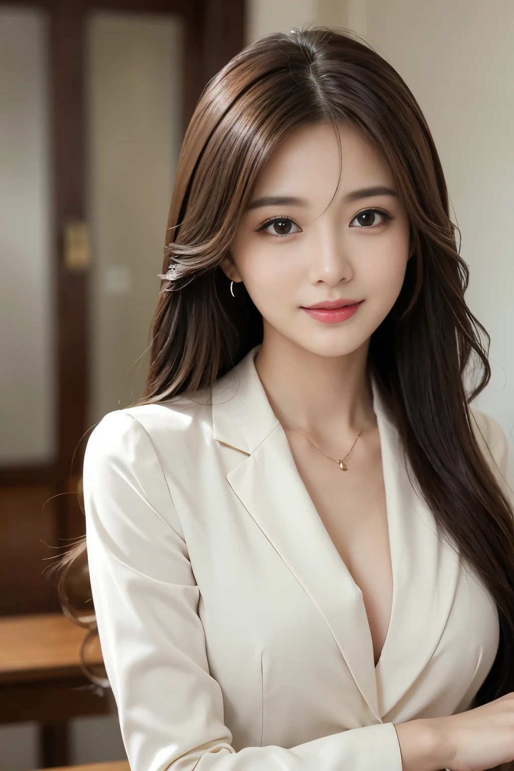 table top、highest quality、genuine、Super detailed、finely、High resolution、8k wallpaper、one beautiful woman、、、light brown disheveled hair、wearing a business suit、sharp focus、perfect dynamic composition、beautiful and fine eyes、thin hair、詳細なgenuineな肌の質感、smile、close-up portrait、model body shape