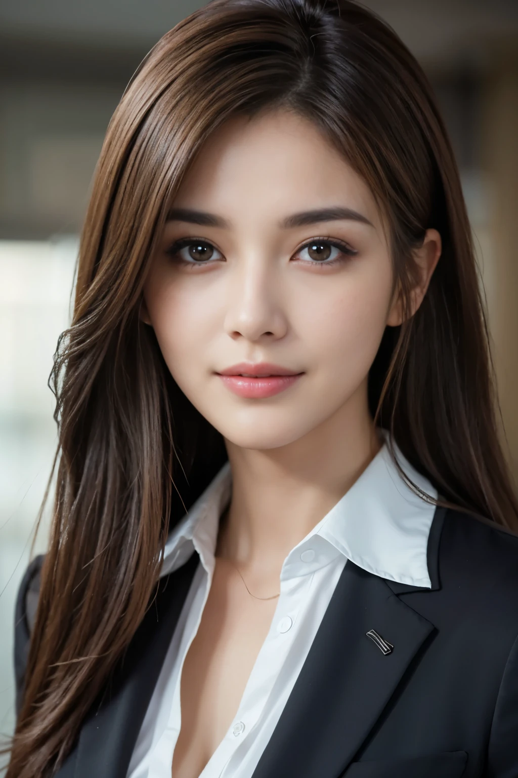 table top, highest quality, realistic, Super detailed, finely, High resolution, 8k wallpaper, 1 beautiful woman,, light brown messy hair, wearing a business suit, sharp focus, perfect dynamic composition, beautiful and detailed eyes, thin hair, Detailed realistic skin texture, smile, close-up portrait, model body shape