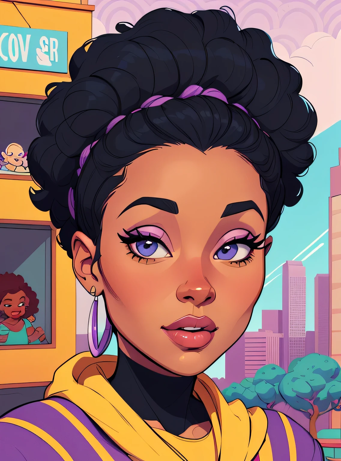 (estilo de desenho animado:1.2), Imagem dos desenhos animados de uma mulher com cabelo africano grande, garota negra super fofa e descolada, cartoon style illustration, estilo de arte dos desenhos animados, estilo de arte dos desenhos animados, digital illustration style, design de personagens altamente detalhado, arte digital detalhada fofa, City Girl Fan Art, design de personagem retrato, beautiful digital illustration, retrato de alta qualidade, arte em quadrinhos, Africa, retrato do design do personagem, lilac background