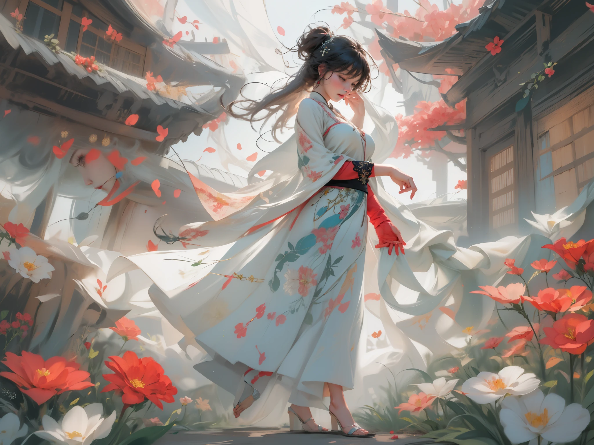 national foundation, Stroke flowers, 1 girl, alone, hanfu, archaic_Chinese_architecture, flower field, flowering, (White smoke:1.3) (lifelike:1.4), Lie on your side, mandala, twist, official art, Unified 16K wallpaper, Super detailed, Beautiful and beautiful, masterpiece,best quality, (dynamic angle:1.4), glowing skin, (Colorful sparks floating:1) confusion, elegant, bright colors, Depth of field_dance, half_naked