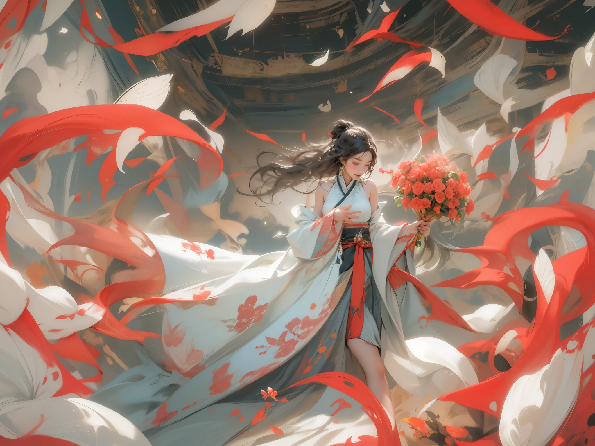 national foundation, Stroke flowers, 1 girl, alone, hanfu, archaic_Chinese_architecture, flower field, flowering, (White smoke:1.3) (lifelike:1.4), Lie on your side, mandala, twist, official art, Unified 16K wallpaper, Super detailed, Beautiful and beautiful, masterpiece,best quality, (dynamic angle:1.4), glowing skin, (Colorful sparks floating:1) confusion, elegant, bright colors,  Depth of field_dance, half_naked