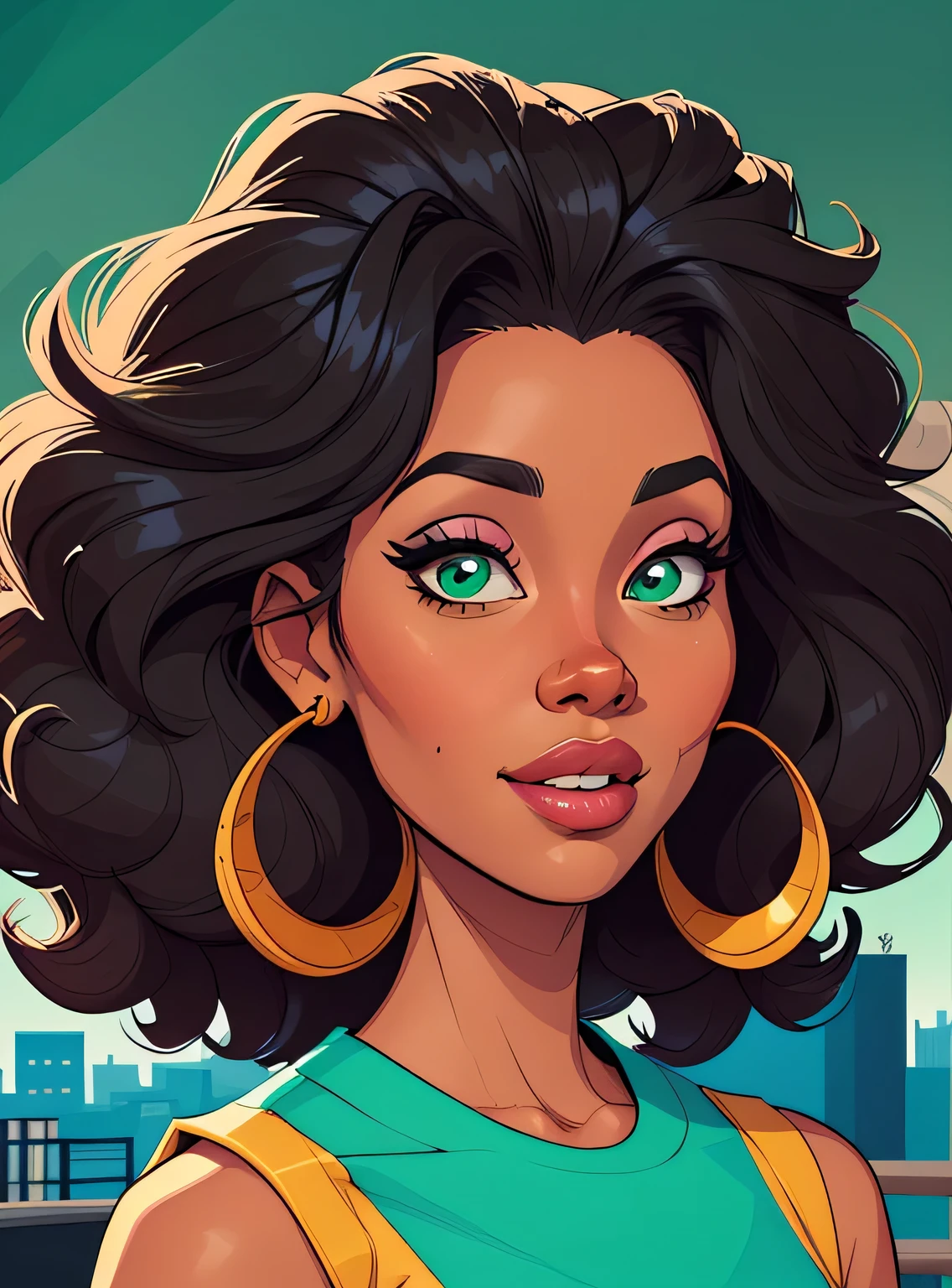 (estilo de desenho animado:1.2), Imagem dos desenhos animados de uma mulher com cabelo africano grande, garota negra super fofa e descolada, cartoon style illustration, estilo de arte dos desenhos animados, estilo de arte dos desenhos animados, digital illustration style, design de personagens altamente detalhado, arte digital detalhada fofa, City Girl Fan Art, design de personagem retrato, beautiful digital illustration, retrato de alta qualidade, arte em quadrinhos, Africa, retrato do design do personagem, fundo verde