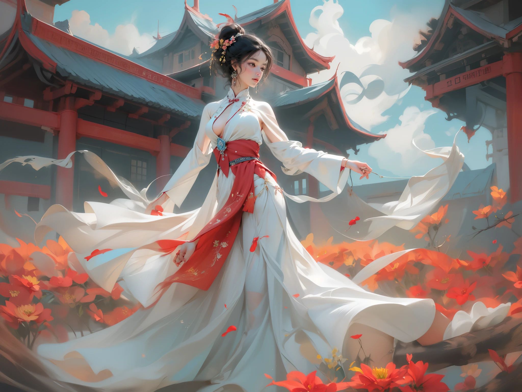 national foundation, Stroke flowers, 1 girl, alone, hanfu, archaic_Chinese_architecture, flower field, flowering, (White smoke:1.3) (lifelike:1.4), Lie on your side, mandala, twist, official art, Unified 16K wallpaper, Super detailed, Beautiful and beautiful, masterpiece,best quality, (dynamic angle:1.4), glowing skin, (Colorful sparks floating:1) confusion, elegant, bright colors,  Depth of field_dance, half_naked
