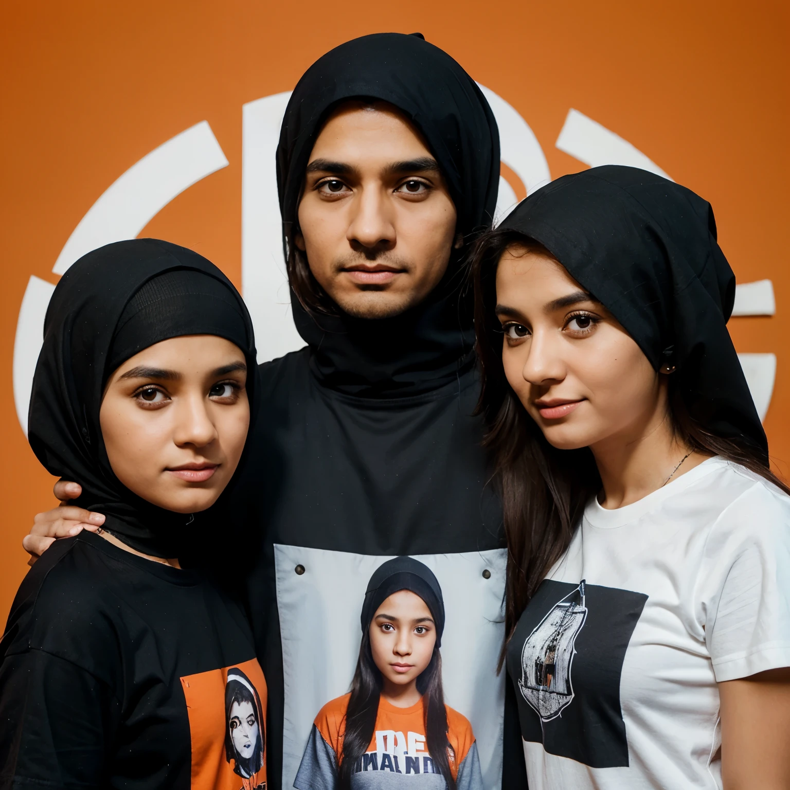 Studio photo of a family of 4, father, mother and children wearing Muslim clothes with the same motif.My father is 45 years old with short, neatly styled hair.Mother is 40 years old and wears a hijab that matches her clothes.10 year old boy with neat straight hair.A 12 year old girl wears a hijab that matches the black background.