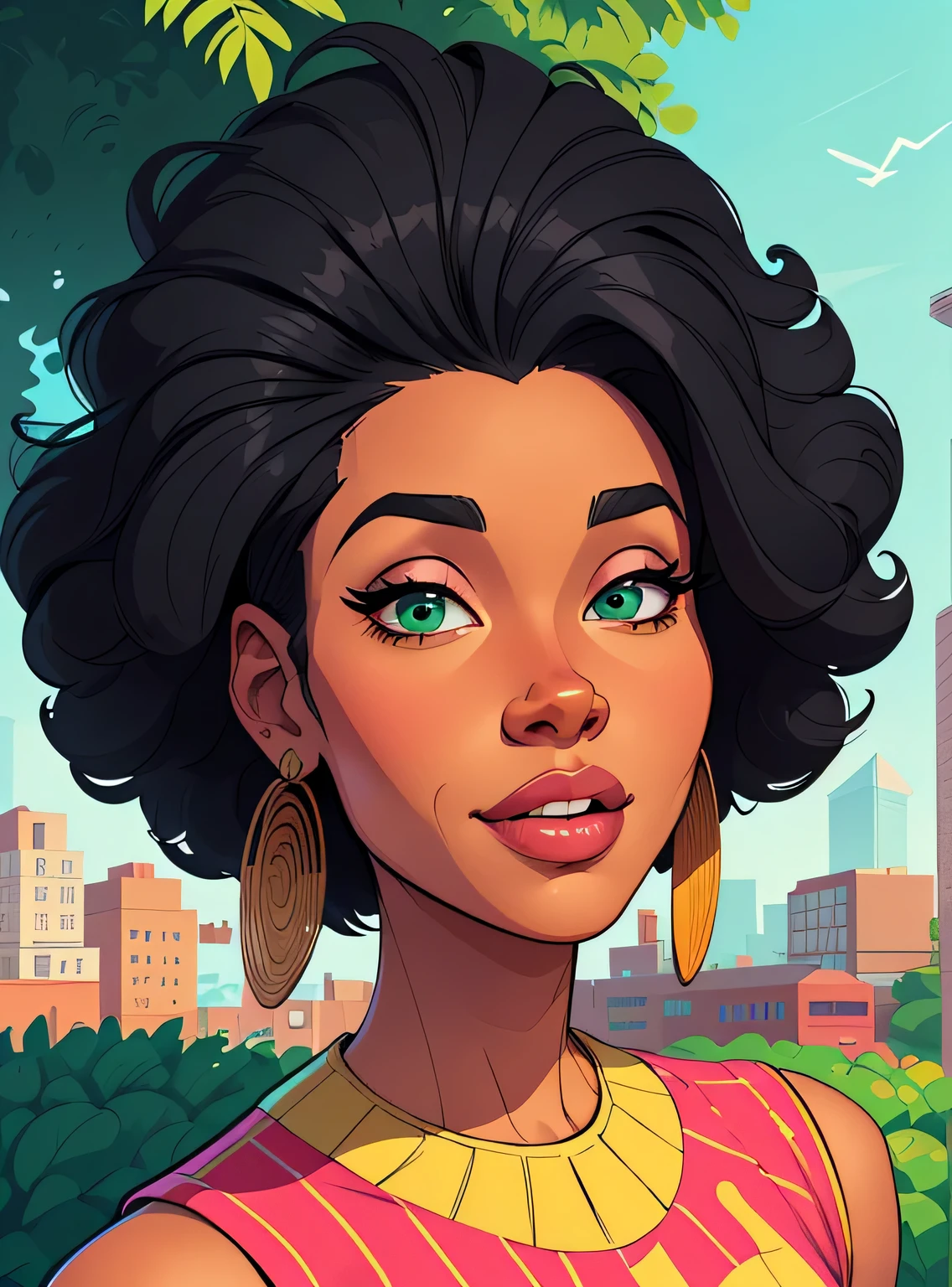 (estilo de desenho animado:1.2), Imagem dos desenhos animados de uma mulher com cabelo africano grande, garota negra super fofa e descolada, cartoon style illustration, estilo de arte dos desenhos animados, estilo de arte dos desenhos animados, digital illustration style, design de personagens altamente detalhado, arte digital detalhada fofa, City Girl Fan Art, design de personagem retrato, beautiful digital illustration, retrato de alta qualidade, arte em quadrinhos, Africa, retrato do design do personagem, fundo verde