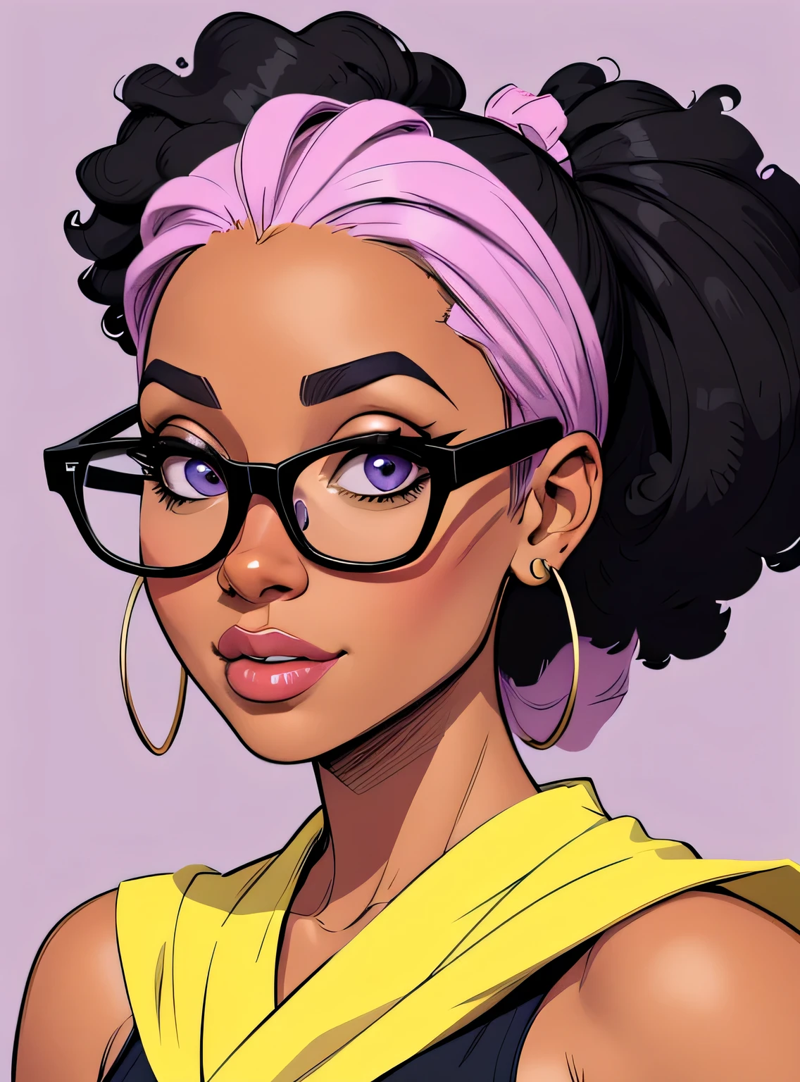 (estilo de desenho animado:1.2), Cartoon image of a woman with big African hair and big glasses, garota negra super fofa e descolada, cartoon style illustration, estilo de arte dos desenhos animados, estilo de arte dos desenhos animados, digital illustration style, design de personagens altamente detalhado, arte digital detalhada fofa, City Girl Fan Art, design de personagem retrato, beautiful digital illustration, retrato de alta qualidade, arte em quadrinhos, Africa, retrato do design do personagem, lilac background
