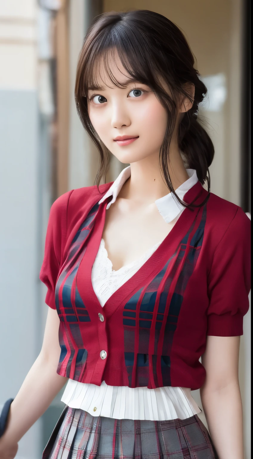 smile、night、Raw photo、(((ultimate beauty portrait)))、((glowing skin))、1 girl、15 year old beautiful girl from Prague、bright look、((brown hair))、(cleavage)、(plaid pleated skirt:1.5)、((Big eyes that shine like jewels))、open cardigan、open your clothes、pantyhose、Glossy and glossy skin、(medium hair)、(silky ponytail hair)、(standing)、(from below)、under the skirt、under the skirt、(from below下着の接写)、eyeliner、beautiful bangs、hair between eyes、((masterpiece、最high quality、super detailed、film light、intricate details、High resolution、very detailed))、detailed background、8KUHD、Digital single-lens reflex camera、soft light、high quality、film grain、Fujifilm XT3 、shallow depth of field、natural soft light、Kamimei、rich bust