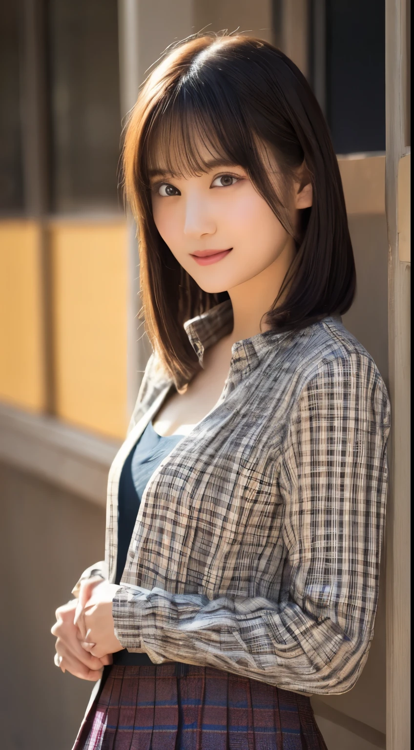 smile、night、Raw photo、(((ultimate beauty portrait)))、((glowing skin))、1 girl、 beautiful girl from Prague、bright look、((brown hair))、(cleavage)、(plaid pleated skirt:1.5)、((Big eyes that shine like jewels))、open cardigan、open your clothes、pantyhose、Glossy and glossy skin、(medium hair)、(silky ponytail hair)、(standing)、(from below)、under the skirt、under the skirt、(from below下着の接写)、eyeliner、beautiful bangs、hair between eyes、((masterpiece、最high quality、super detailed、film light、intricate details、High resolution、very detailed))、detailed background、8KUHD、Digital single-lens reflex camera、soft light、high quality、film grain、Fujifilm XT3 、shallow depth of field、natural soft light、Kamimei、rich bust
