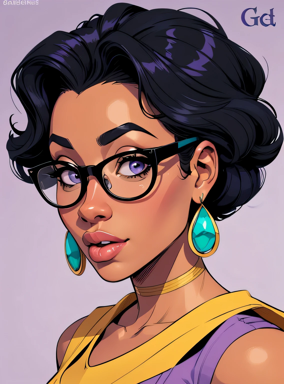 (estilo de desenho animado:1.2), Cartoon image of a woman with big African hair and big glasses, garota negra super fofa e descolada, cartoon style illustration, estilo de arte dos desenhos animados, estilo de arte dos desenhos animados, digital illustration style, design de personagens altamente detalhado, arte digital detalhada fofa, City Girl Fan Art, design de personagem retrato, beautiful digital illustration, retrato de alta qualidade, arte em quadrinhos, Africa, retrato do design do personagem, lilac background
