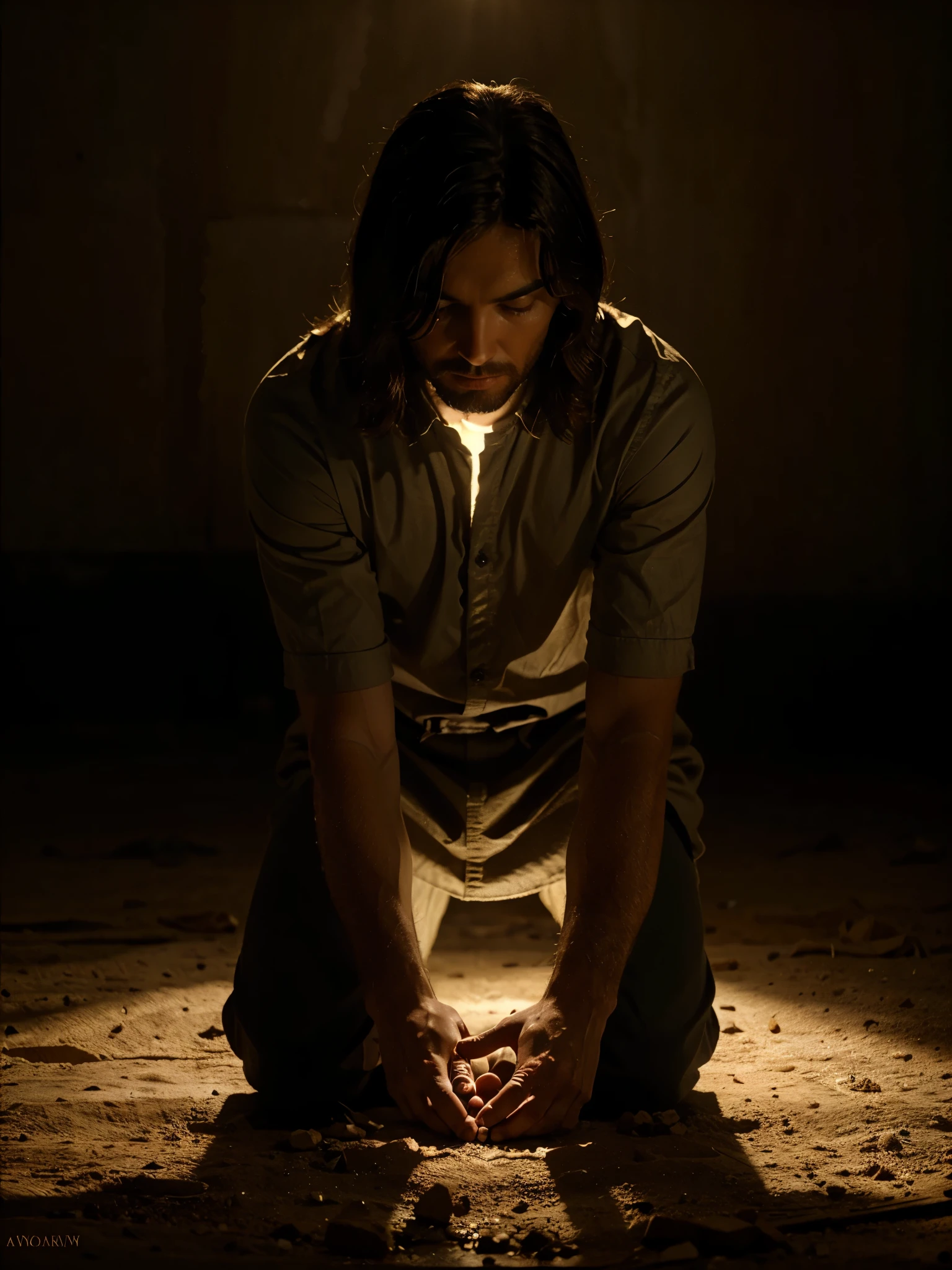 Jesus sculpting, with his hands on the ground, realistic, cinematic, backlighting.
