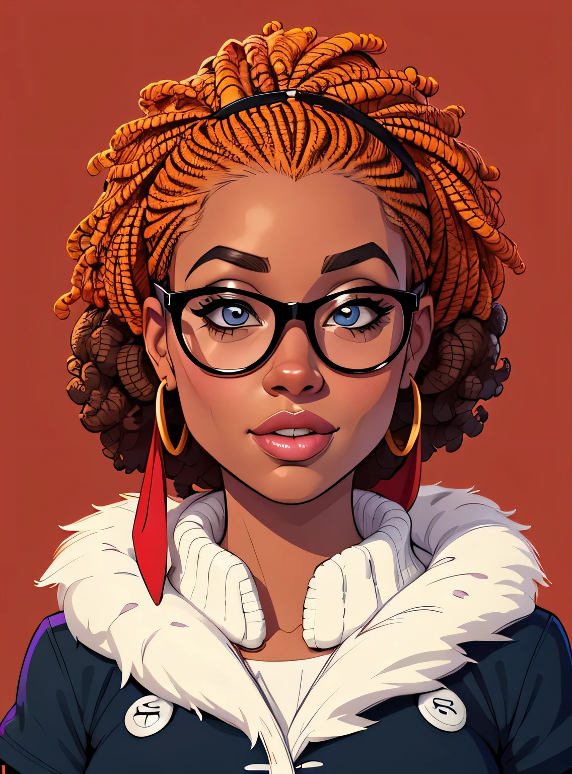 (estilo de desenho animado:1.2), Cartoon image of a woman with big African hair and big glasses, garota negra super fofa e descolada, cartoon style illustration, estilo de arte dos desenhos animados, estilo de arte dos desenhos animados, digital illustration style, design de personagens altamente detalhado, arte digital detalhada fofa, City Girl Fan Art, design de personagem retrato, beautiful digital illustration, retrato de alta qualidade, arte em quadrinhos, Africa, retrato do design do personagem, fundo vermelho