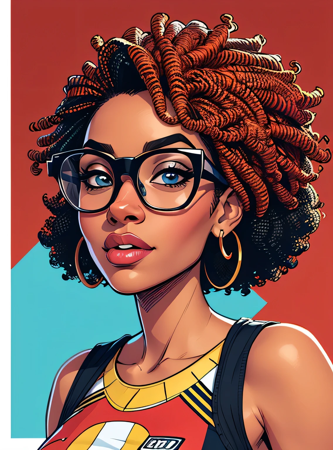 (estilo de desenho animado:1.2), Cartoon image of a woman with big African hair and big glasses, garota negra super fofa e descolada, cartoon style illustration, estilo de arte dos desenhos animados, estilo de arte dos desenhos animados, digital illustration style, design de personagens altamente detalhado, arte digital detalhada fofa, City Girl Fan Art, design de personagem retrato, beautiful digital illustration, retrato de alta qualidade, arte em quadrinhos, Africa, retrato do design do personagem, fundo vermelho