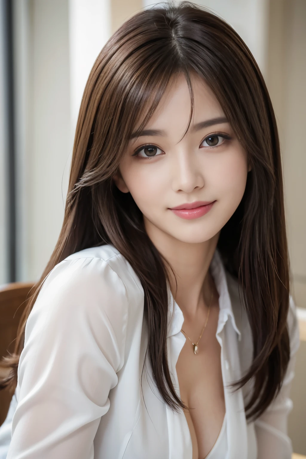 table top、highest quality、genuine、Super detailed、finely、High resolution、8k wallpaper、one beautiful woman、、、light brown disheveled hair、wearing a business suit、sharp focus、perfect dynamic composition、beautiful and fine eyes、thin hair、詳細なgenuineな肌の質感、smile、close-up portrait、model body shape