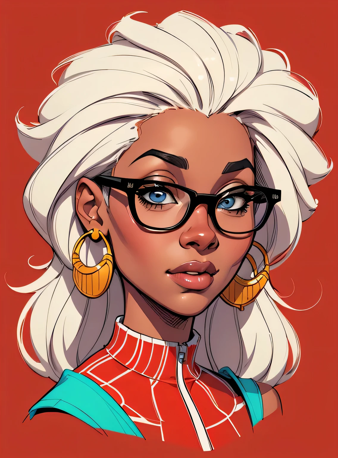 (estilo de desenho animado:1.2), Cartoon image of a woman with big African hair and big glasses, garota negra super fofa e descolada, cartoon style illustration, estilo de arte dos desenhos animados, estilo de arte dos desenhos animados, digital illustration style, design de personagens altamente detalhado, arte digital detalhada fofa, City Girl Fan Art, design de personagem retrato, beautiful digital illustration, retrato de alta qualidade, arte em quadrinhos, Africa, retrato do design do personagem, fundo vermelho