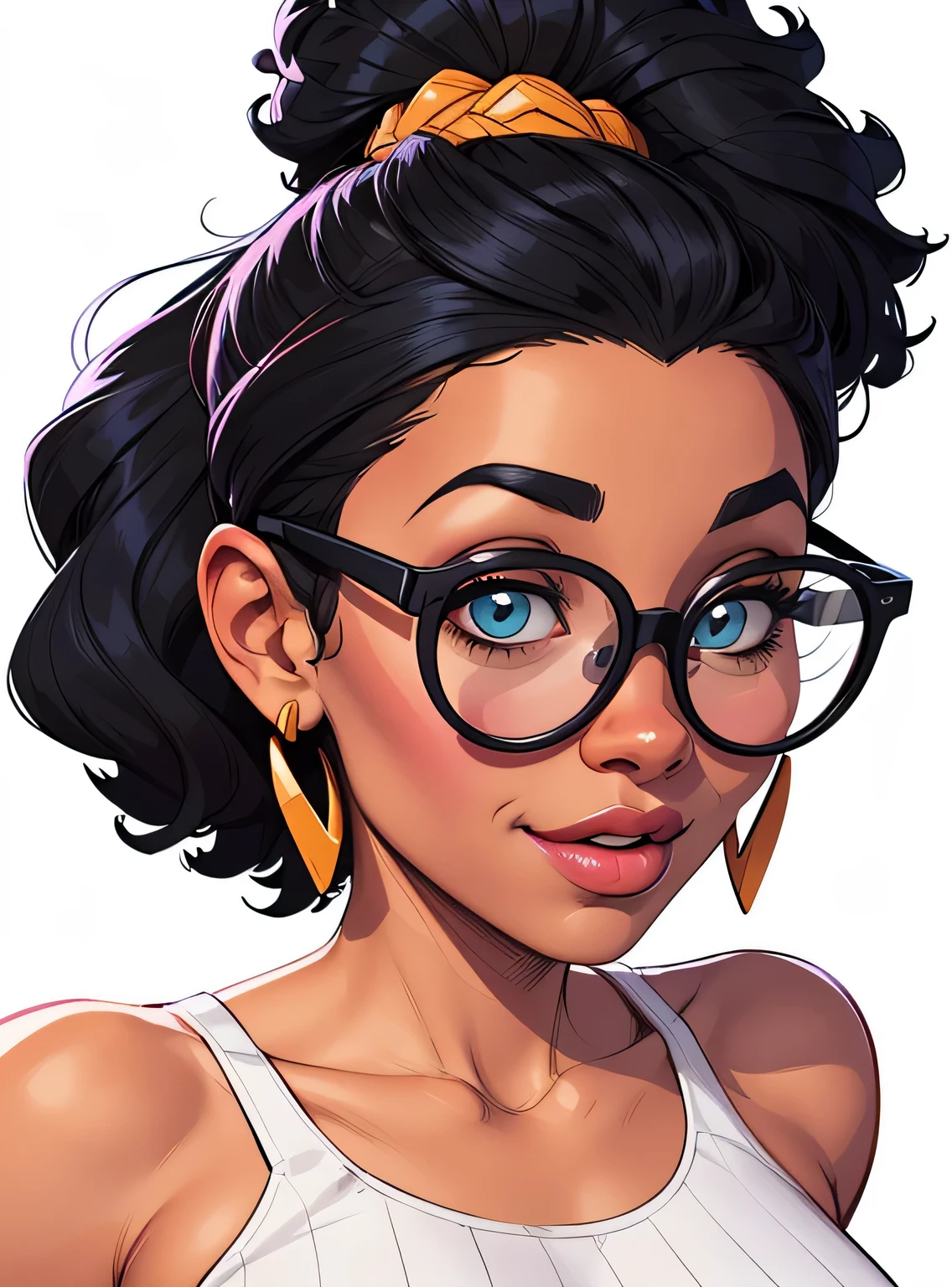 (estilo de desenho animado:1.2), Cartoon image of a woman with big African hair and big round glasses, garota negra super fofa e descolada, cartoon style illustration, estilo de arte dos desenhos animados, estilo de arte dos desenhos animados, digital illustration style, design de personagens altamente detalhado, arte digital detalhada fofa, City Girl Fan Art, design de personagem retrato, beautiful digital illustration, retrato de alta qualidade, arte em quadrinhos, Africa, retrato do design do personagem, fundo branco