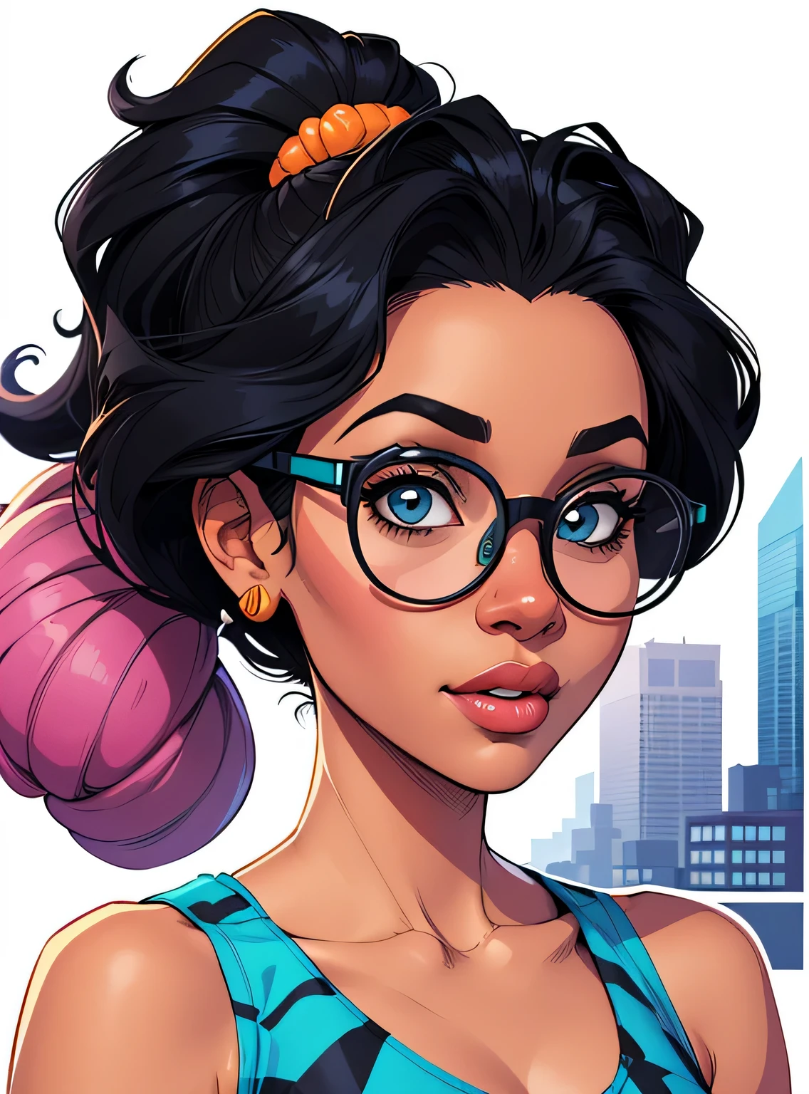 (estilo de desenho animado:1.2), Cartoon image of a woman with big African hair and big round glasses, garota negra super fofa e descolada, cartoon style illustration, estilo de arte dos desenhos animados, estilo de arte dos desenhos animados, digital illustration style, design de personagens altamente detalhado, arte digital detalhada fofa, City Girl Fan Art, design de personagem retrato, beautiful digital illustration, retrato de alta qualidade, arte em quadrinhos, Africa, retrato do design do personagem, fundo branco