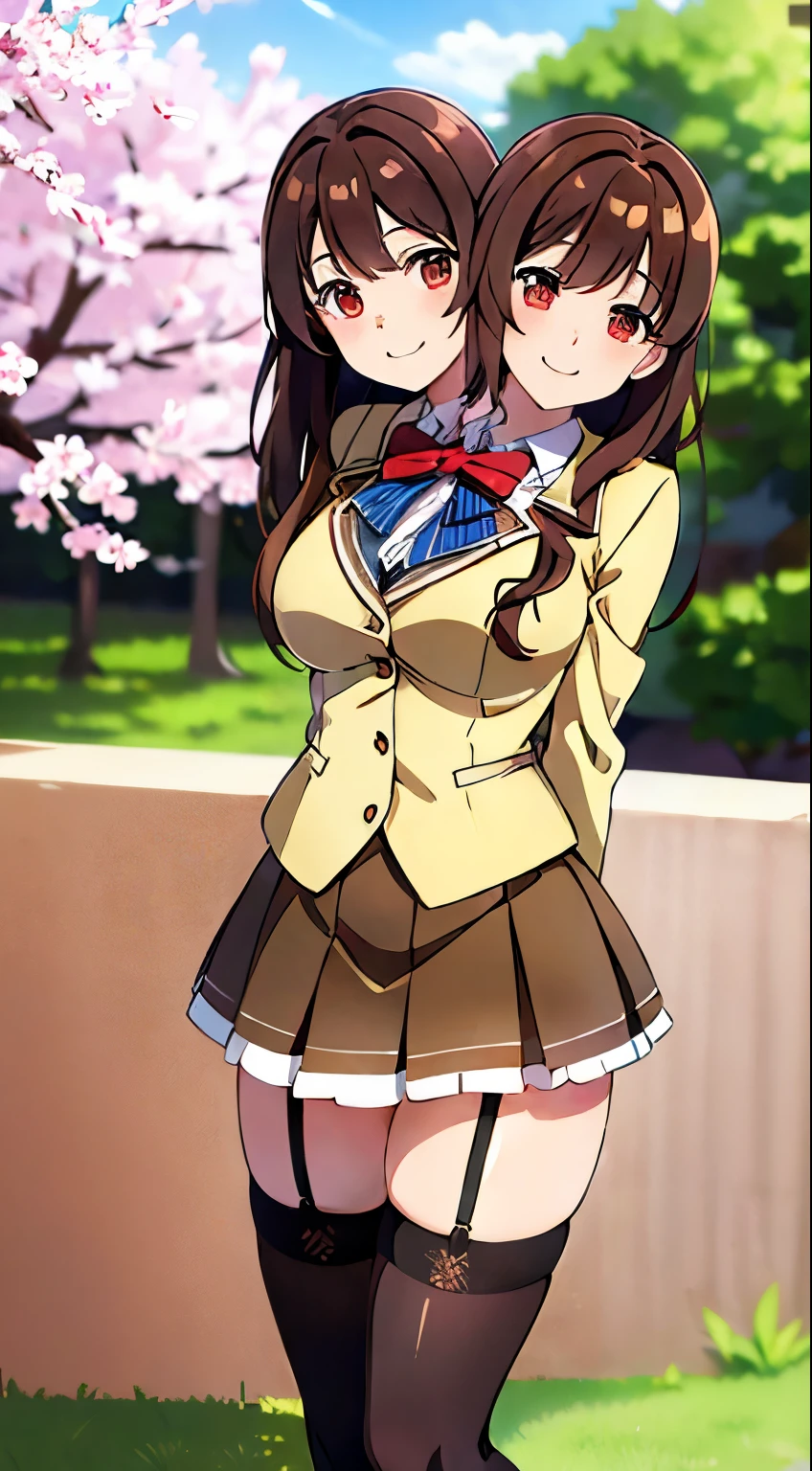 best quality, (masterpiece),(ultra-detailed), (high quality), (high resolution), (2heads:1.5), brown hair (brown shorts), best quality:1.5, highres, UHD, 4K), masterpiece, best quality, highres, aaarisu, medium hair, braid, blunt bangs, blue bowtie, jacket, blazer, long sleeves, white skirt, pleated skirt, garter straps, white thighhighs, smile, cherry blossoms, leaning forward, arms behind back, outdoors, standing, cowboy shot