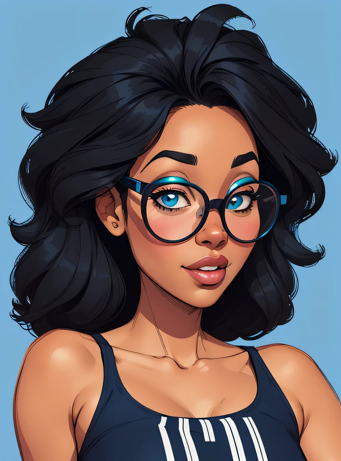 (estilo de desenho animado:1.2), Cartoon image of a woman with big African hair and big round glasses, garota negra super fofa e descolada, cartoon style illustration, estilo de arte dos desenhos animados, estilo de arte dos desenhos animados, digital illustration style, design de personagens altamente detalhado, arte digital detalhada fofa, City Girl Fan Art, design de personagem retrato, beautiful digital illustration, retrato de alta qualidade, arte em quadrinhos, Africa, retrato do design do personagem, fundo azul