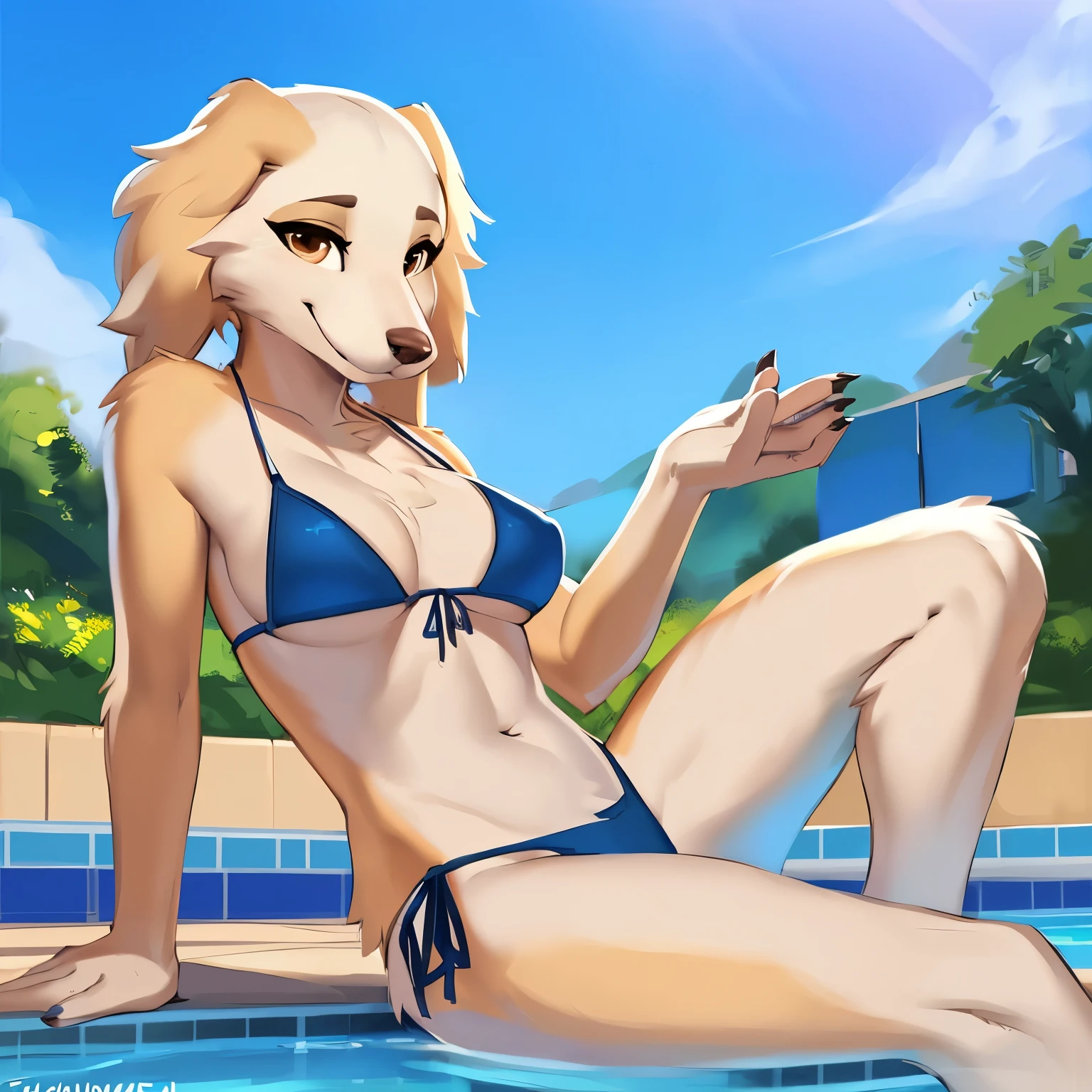 By freeedon, by meesh, by chunie, by bebebebebe, by teranen, by fluff-kevlar, by zaush, by fluff-kevlar by Zackary911, uploaded to e621, (((high quality))), Furry, solo, female, (((Inui, borzoi, Aggretsuko))), (((very long snout))), bikini, (looking at viewer), (((bikini))), ((medium breasts)), (((smile))), ((background, detailed background, pool, poolside))