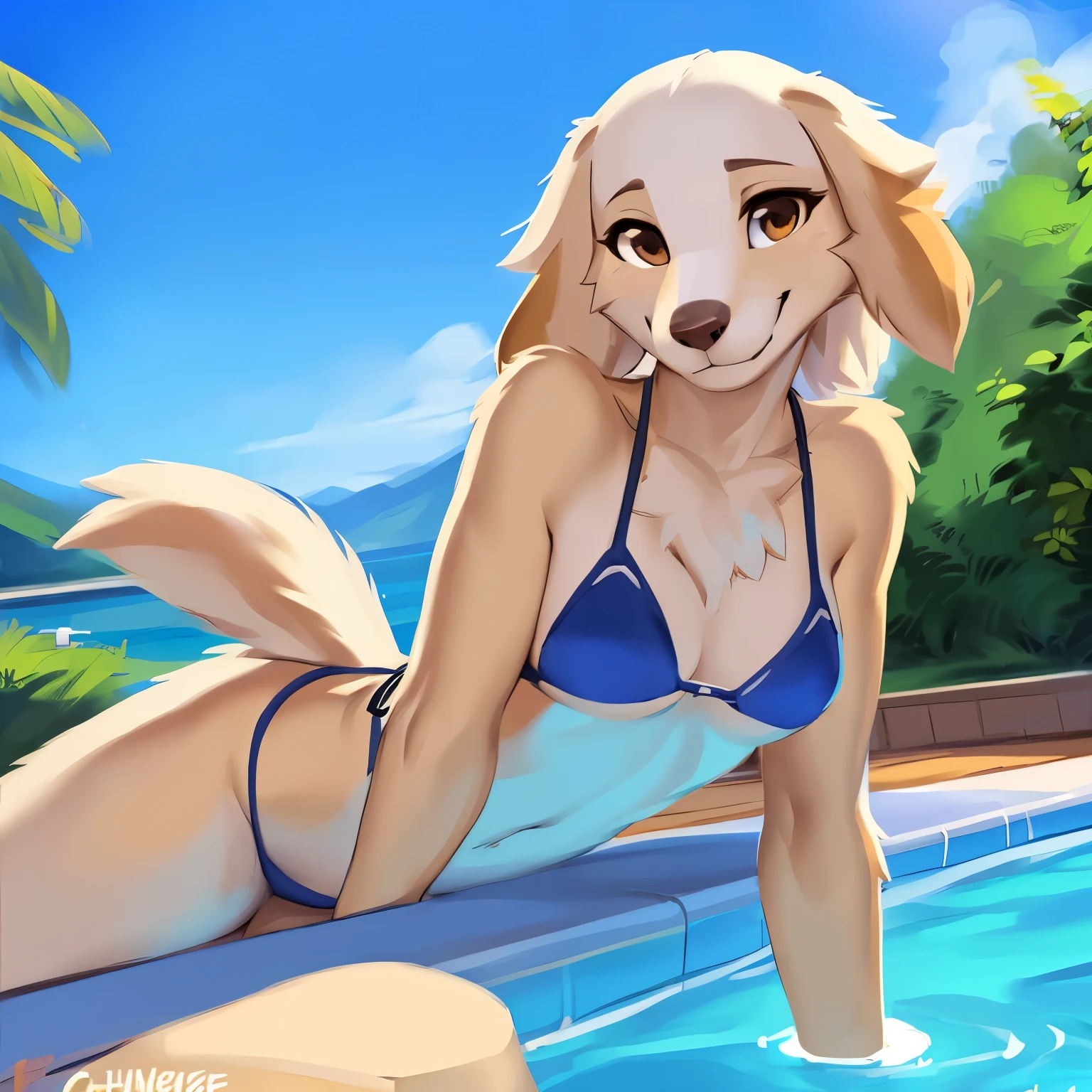 By freeedon, by meesh, by chunie, by bebebebebe, by teranen, by fluff-kevlar, by zaush, by fluff-kevlar by Zackary911, uploaded to e621, (((high quality))), Furry, solo, female, (((Inui, borzoi, Aggretsuko))), (((very long snout))), bikini, (looking at viewer), (((bikini))), ((medium breasts)), (((smile))), ((background, detailed background, pool, poolside))