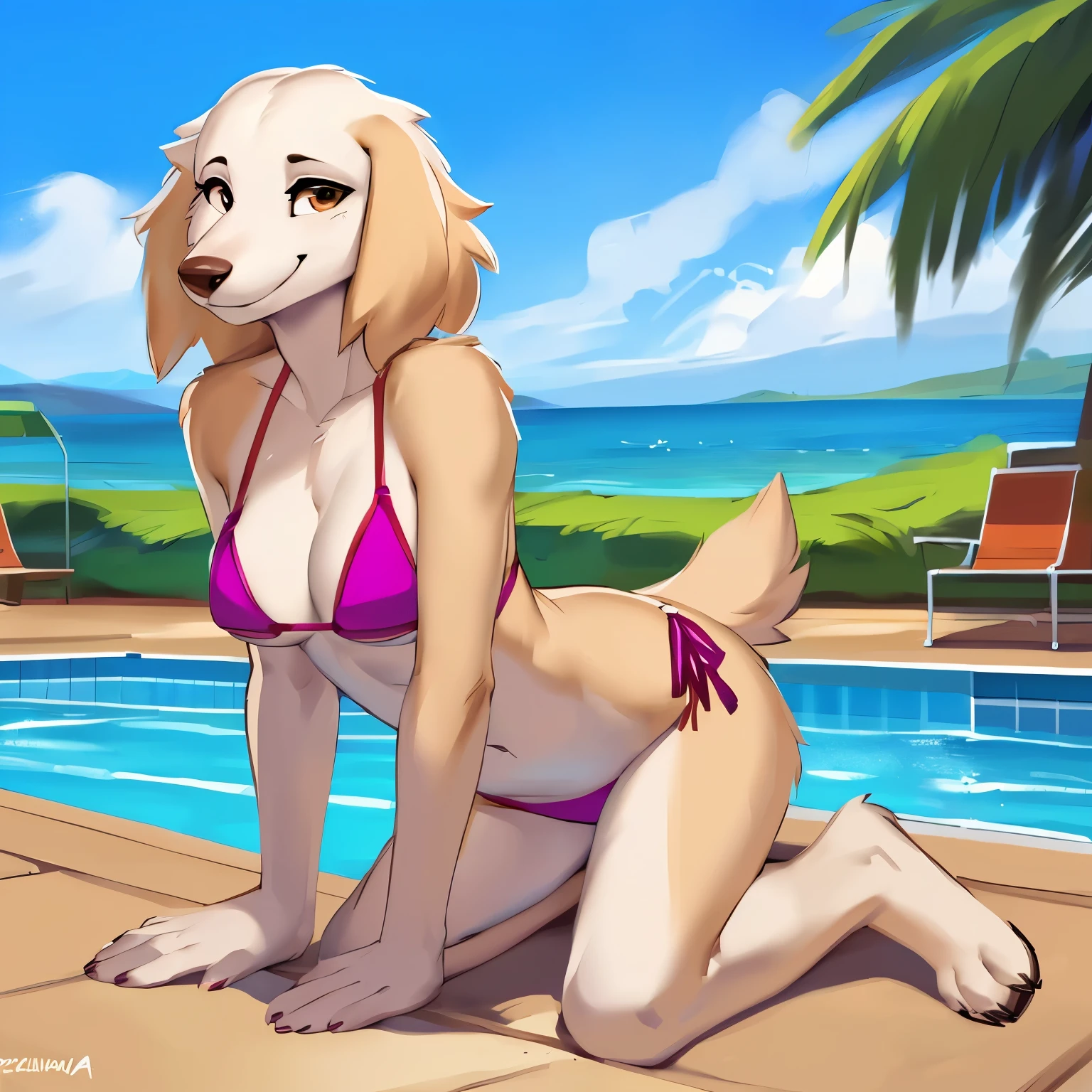 By freeedon, by meesh, by chunie, by bebebebebe, by teranen, by fluff-kevlar, by zaush, by fluff-kevlar by Zackary911, uploaded to e621, (((high quality))), Furry, solo, female, (((Inui, borzoi, Aggretsuko))), (((very long snout))), bikini, (looking at viewer), (((bikini))), ((medium breasts)), (((smile))), ((background, detailed background, pool, poolside))