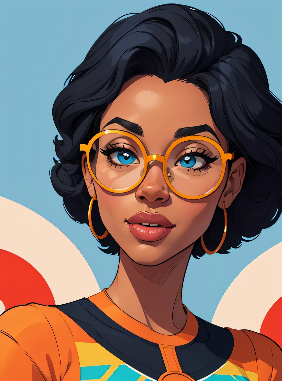 (estilo de desenho animado:1.2), Cartoon image of a woman with big African hair and big round glasses, garota negra super fofa e descolada, cartoon style illustration, estilo de arte dos desenhos animados, estilo de arte dos desenhos animados, digital illustration style, design de personagens altamente detalhado, arte digital detalhada fofa, City Girl Fan Art, design de personagem retrato, beautiful digital illustration, retrato de alta qualidade, arte em quadrinhos, Africa, retrato do design do personagem, fundo azul