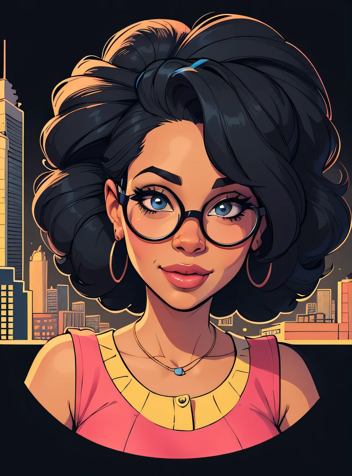 (estilo de desenho animado:1.2), Cartoon image of a woman with big African hair and big round glasses, garota negra super fofa e descolada, cartoon style illustration, estilo de arte dos desenhos animados, estilo de arte dos desenhos animados, digital illustration style, design de personagens altamente detalhado, arte digital detalhada fofa, City Girl Fan Art, design de personagem retrato, beautiful digital illustration, retrato de alta qualidade, arte em quadrinhos, Africa, retrato do design do personagem, fundo preto