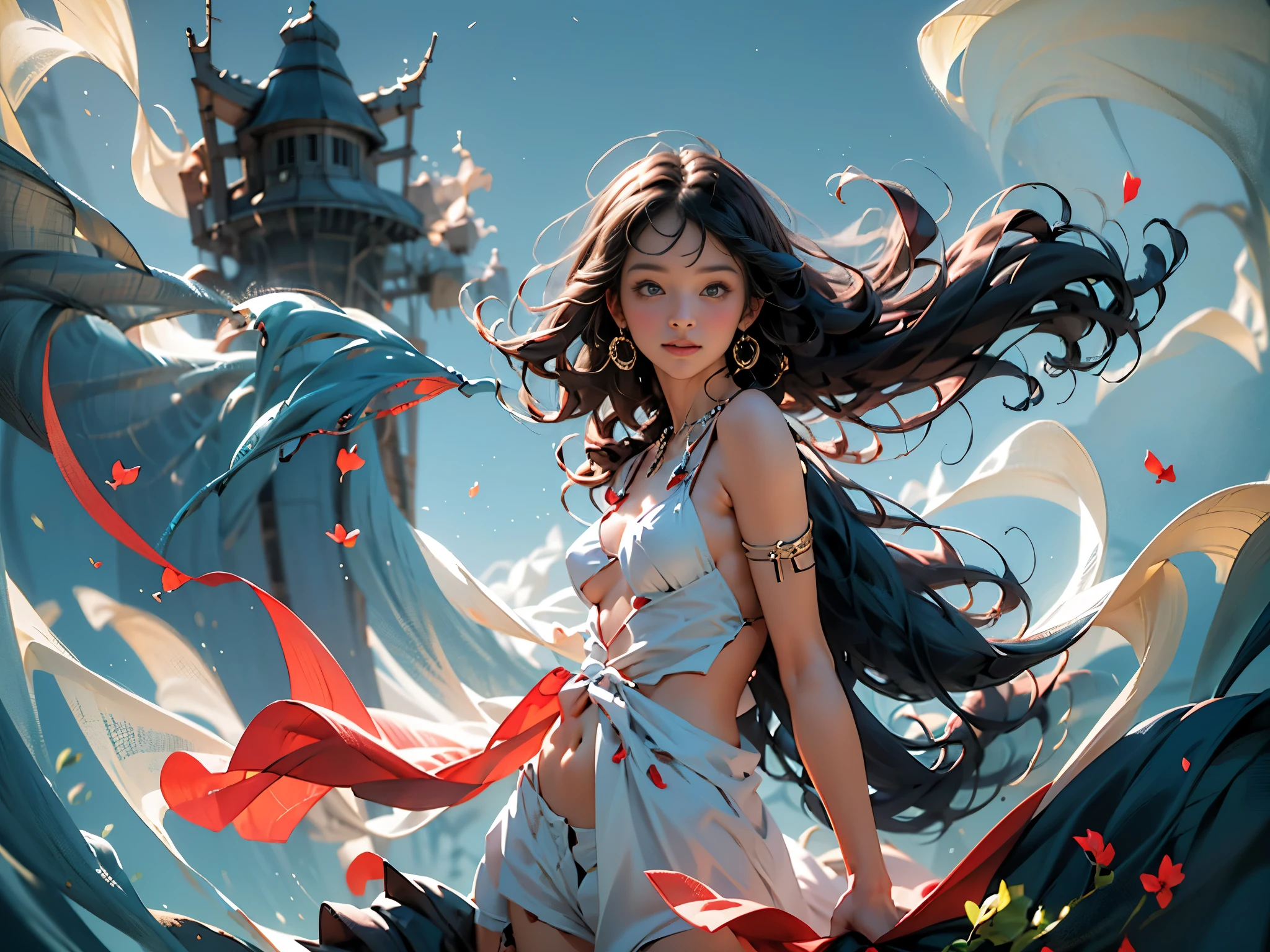 national foundation, Stroke flowers, 1 girl, alone, hanfu, archaic_Chinese_architecture, flower field, flowering, (White smoke:1.3) (lifelike:1.4), Lie on your side, mandala, twist, official art, Unified 16K wallpaper, Super detailed, Beautiful and beautiful, masterpiece,best quality, (dynamic angle:1.4), glowing skin, (Colorful sparks floating:1) confusion, elegant, bright colors, Depth of field_dance, half_naked