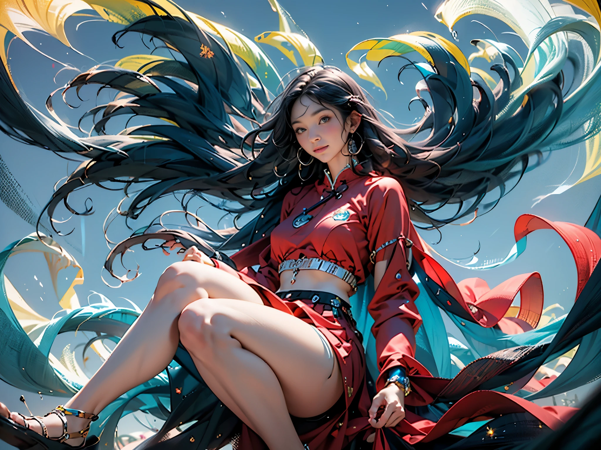 national foundation, Stroke flowers, 1 girl, alone, hanfu, archaic_Chinese_architecture, flower field, flowering, (White smoke:1.3) (lifelike:1.4), Lie on your side, mandala, twist, official art, Unified 16K wallpaper, Super detailed, Beautiful and beautiful, masterpiece,best quality, (dynamic angle:1.4), glowing skin, (Colorful sparks floating:1) confusion, elegant, bright colors,  Depth of field_dance, half_naked