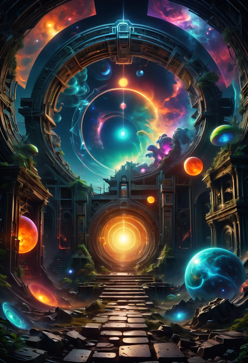 ((一个Forgotten的时间之门:1.5)),(一个在ruins中穿越时空的装置),Alien space,best quality,8k,high resolution,masterpiece:1.2,Super detailed,HDR ,ultra high definition,Studio lighting,Super fine,sharp focus,Physical rendering,Extremely detailed description,major,Bright colors,blur background,fantasy illustrations,Surreal,concept art,The art of math,Intricate details,gorgeous,geometry,abstract,symbolism、Mysteries、mystery、Time travel、doorways、portal、Forgotten、ruins、interdimensional、otherworldly、universe、universal、Abundant radiation、Energetic、prismastic