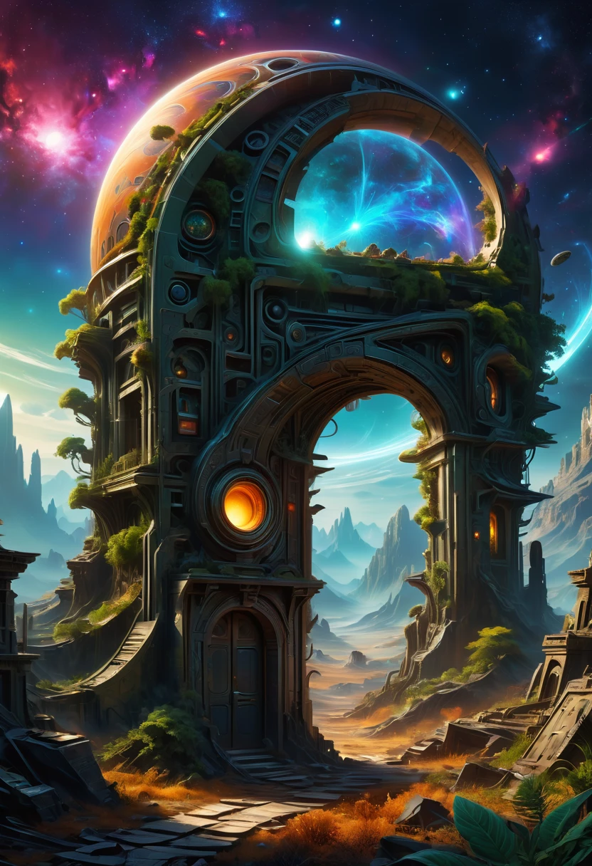 ((一个Forgotten的时间之门:1.5)),(一个在ruins中穿越时空的装置),Alien space,best quality,8k,high resolution,masterpiece:1.2,Super detailed,HDR ,ultra high definition,Studio lighting,Super fine,sharp focus,Physical rendering,Extremely detailed description,major,Bright colors,blur background,fantasy illustrations,Surreal,concept art,The art of math,Intricate details,gorgeous,geometry,abstract,symbolism、Mysteries、mystery、Time travel、doorways、portal、Forgotten、ruins、interdimensional、otherworldly、universe、universal、Abundant radiation、Energetic、prismastic